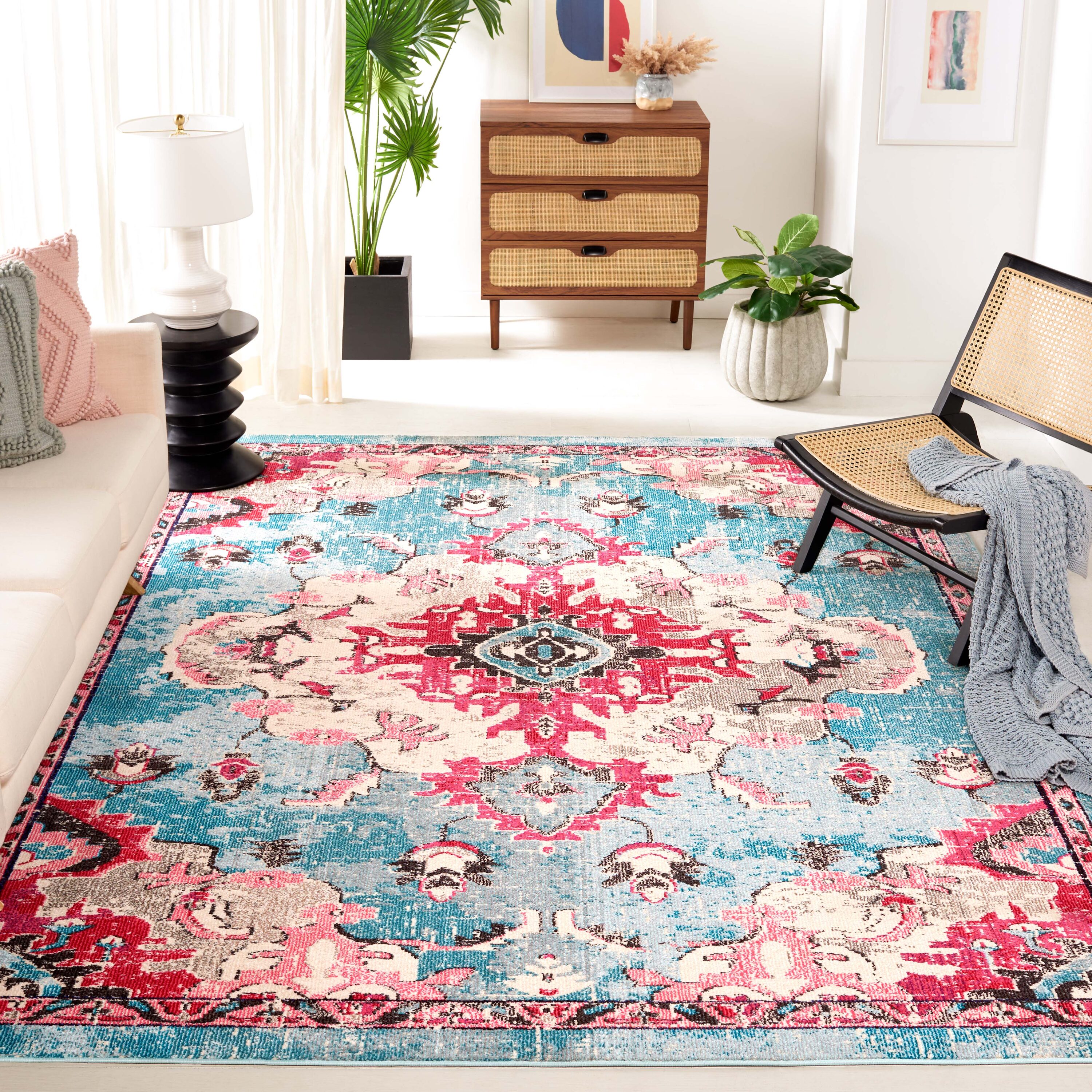 Madison 8 x 10 (ft) Loomed Polypropylene Light Blue/Fuchsia Rectangular Indoor Mid-Century Modern Spot Clean Only Area rug