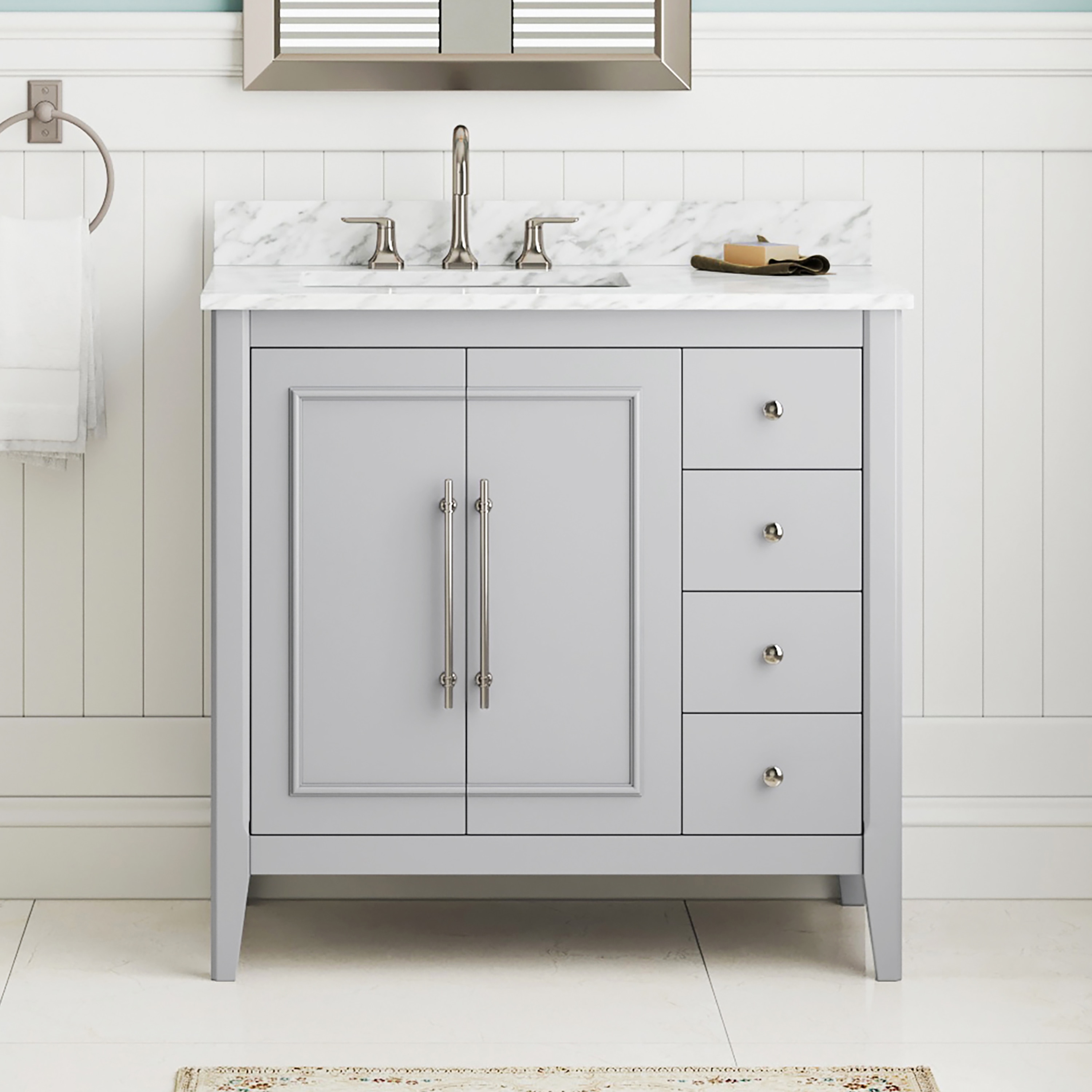 allen + roth L22014-VS36-TG Lorelai 36-in True Gray Undermount Single sink Bathroom Vanity with White Natural marble Top
