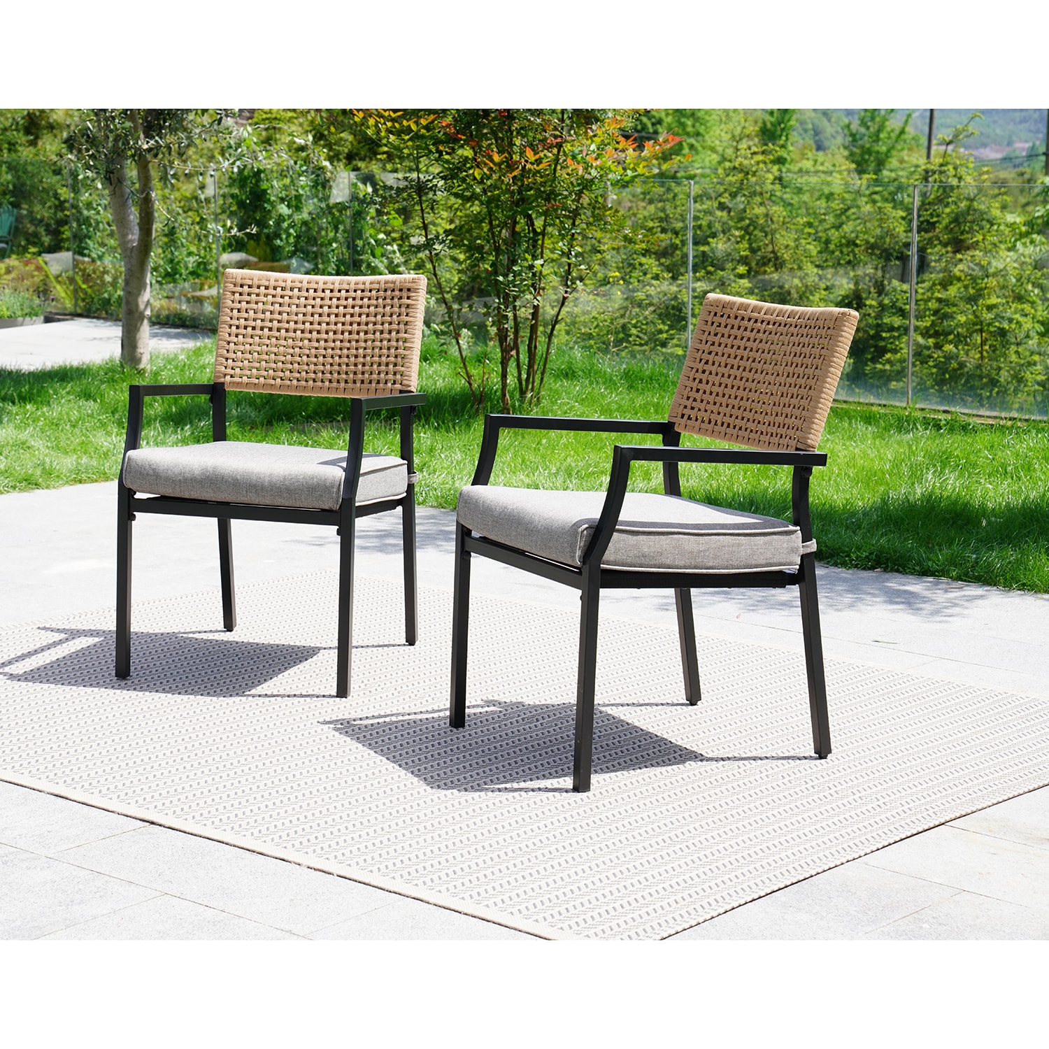 Mondawe MO-16108BR-NY Set of 2 Wicker Stackable Black Steel Frame Stationary Dining Chair with Gray Cushioned Seat