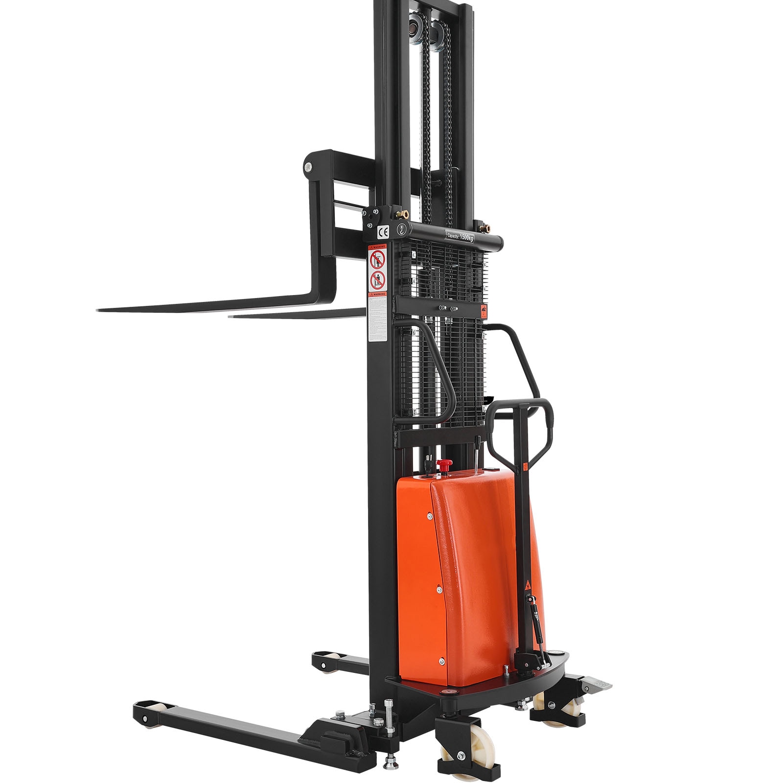 VEVOR Semi Electric Pallet Stacker 3300 lbs Load Capacity Pallet Lift Stacker Forklift with Straddle Legs 96.06 Inches Lifting Height and 8.3-33.86 Inches Adjustable Fork Width Orange and Black