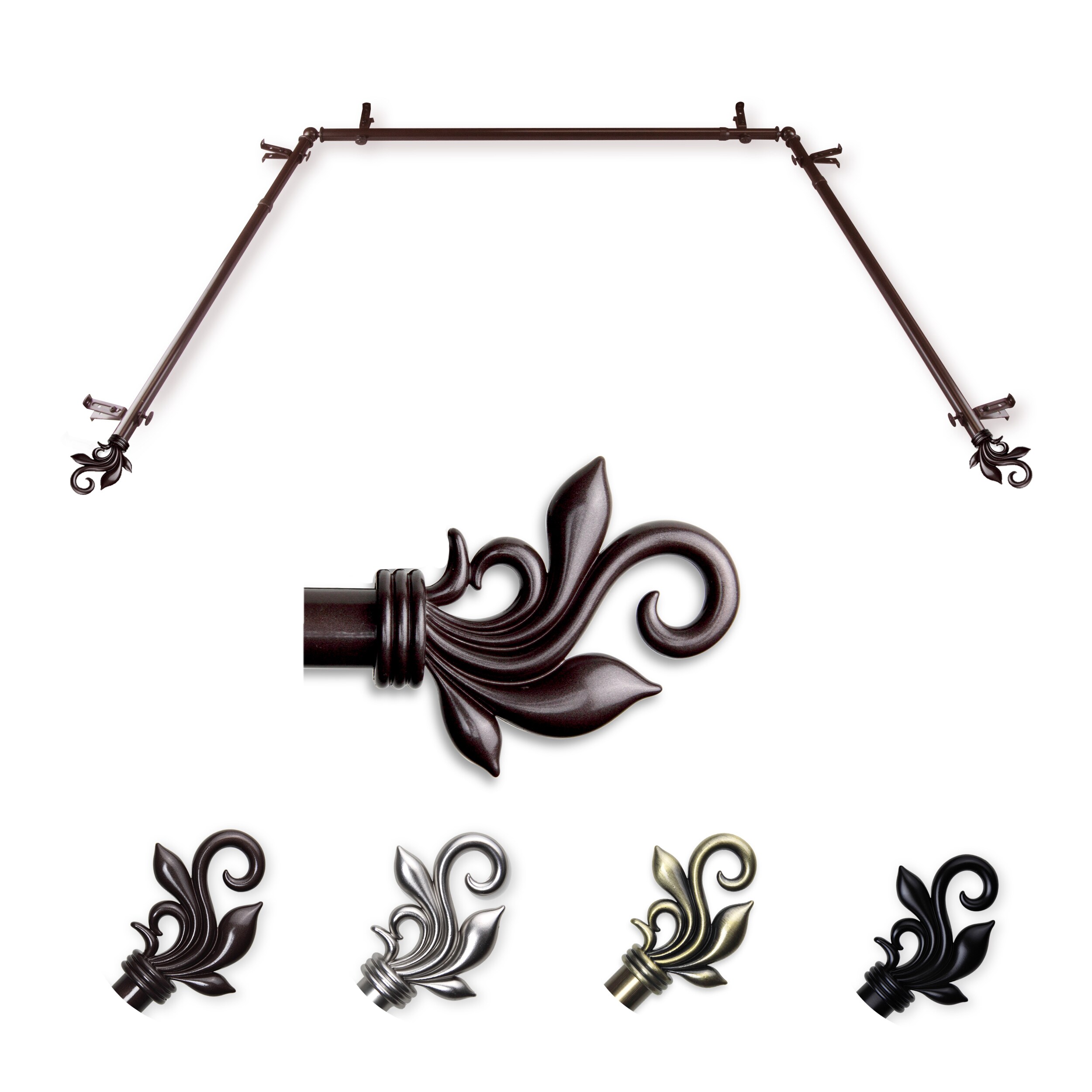 Hart & Harlow LO-ABAY-74-7 72-in to 144-in Cocoa Steel Bay window curtain rod with Finials