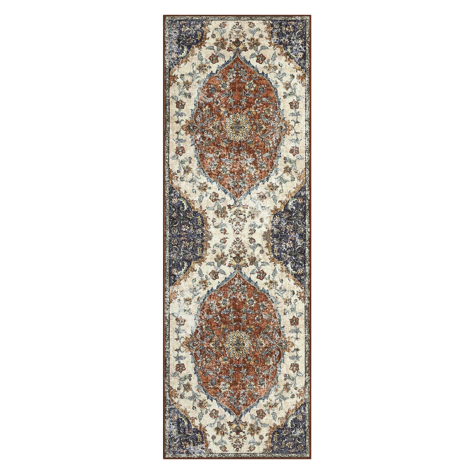 Qeetex LSN-PHK-33GL3PKS 2 x 6 ft Polyester Cashmere Imitation Red Rectangular Hallway Bathroom Entryway Kitchen Office Foldable Flower Printed Persian Washable Area Rug