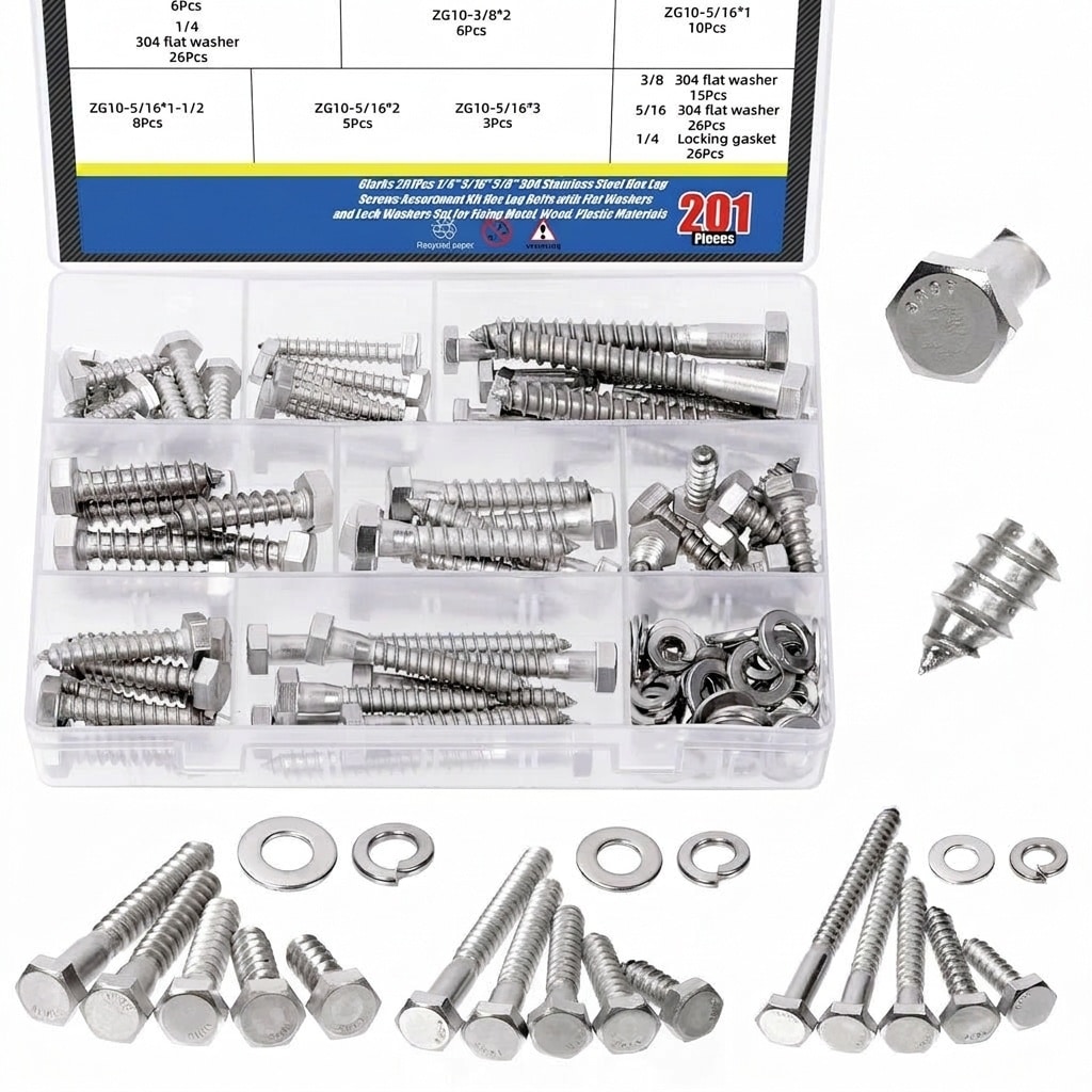 Etokfoks -  201Pcs 1 4 in 5 16 in 3 8 in 304 Stainless Steel Hex Lag Screws Assortment Kit Flat a...