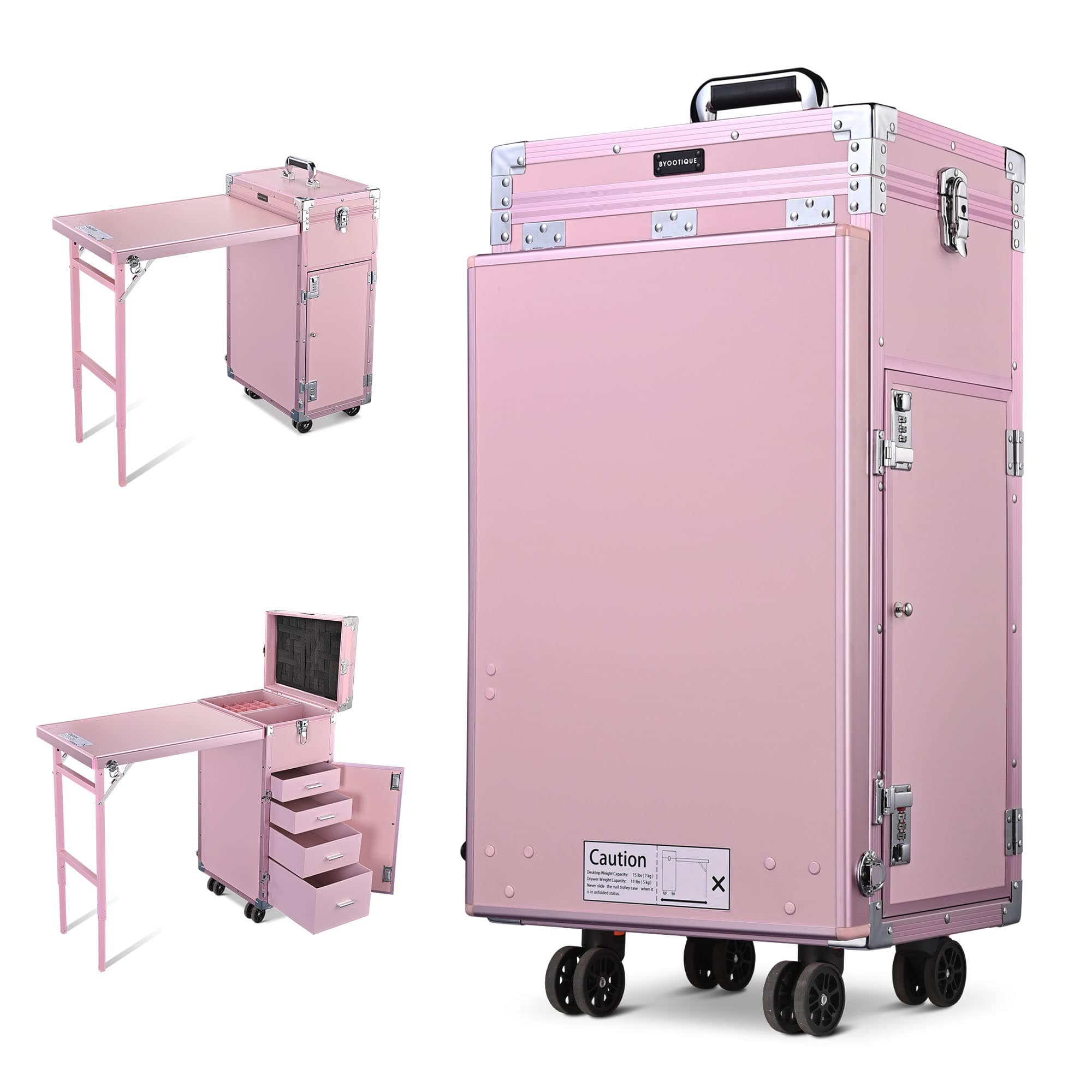 Yescom 12MKC027-MJT-12-LO Byootique Nail Desk Mobile Station Rolling Makeup Train Case Manicure Table Cosmetic Pink