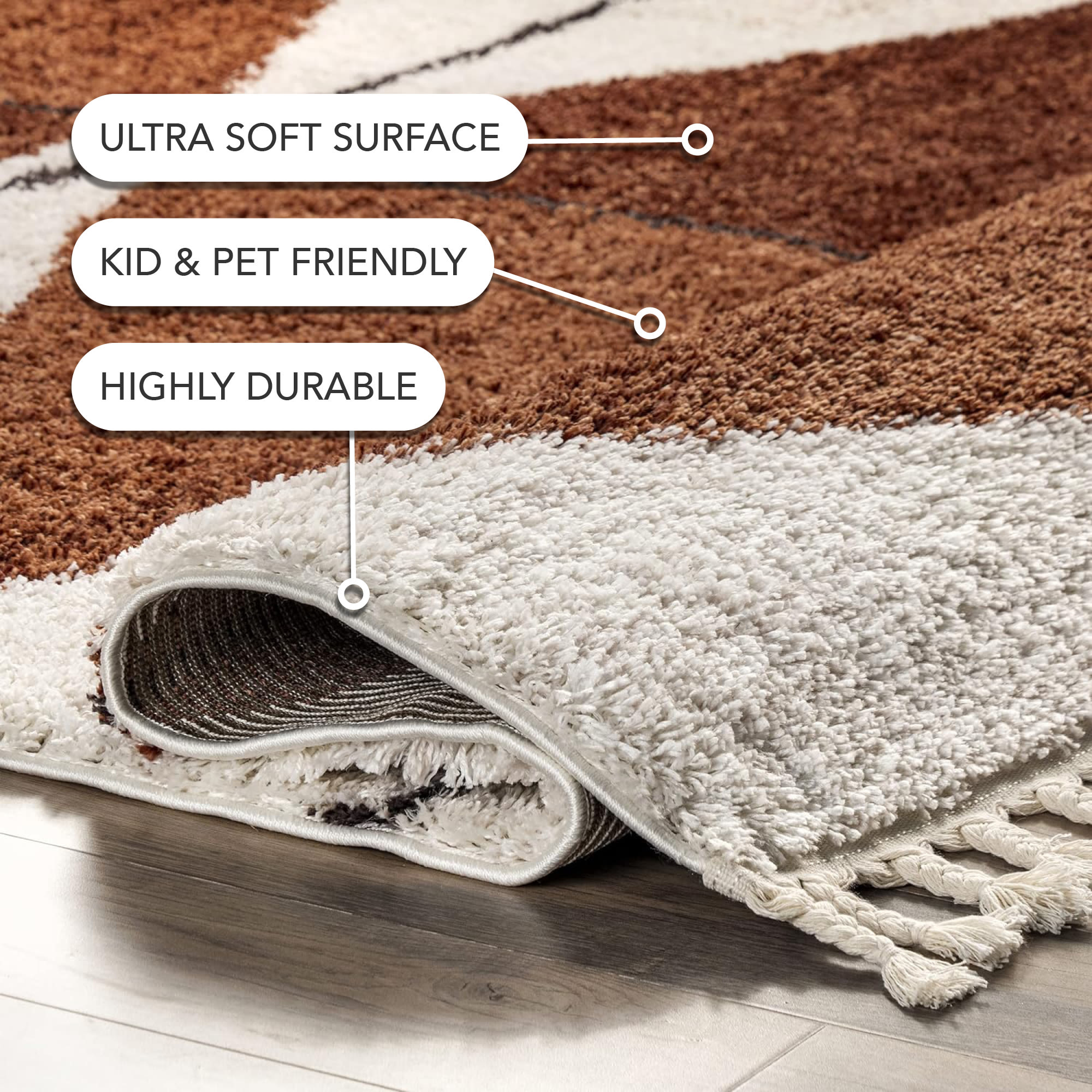 Rust and Ivory Geometric Shag 8' x 10' Synthetic Area Rug