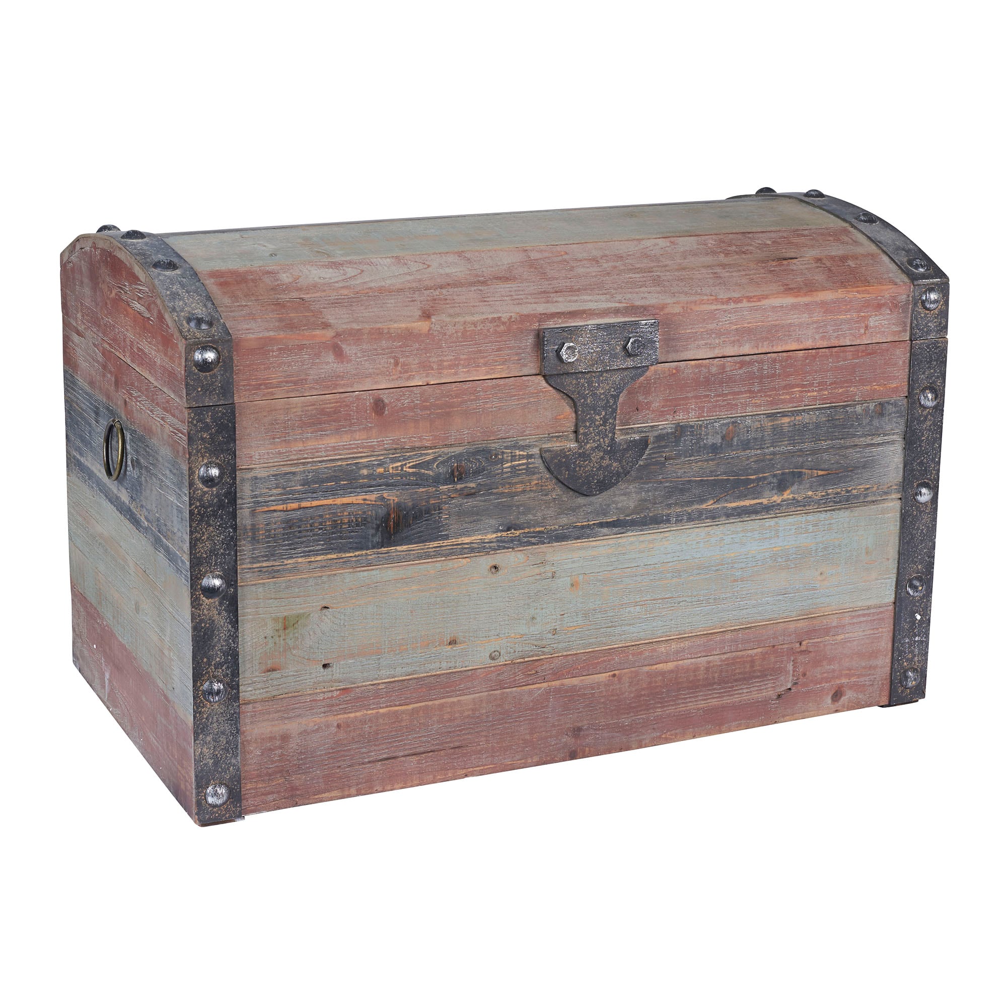 Household Essentials Large Wooden Storage Trunk Weathered Wood with Paint Finish Hinged Lid with Metal Accents #HH9507-1