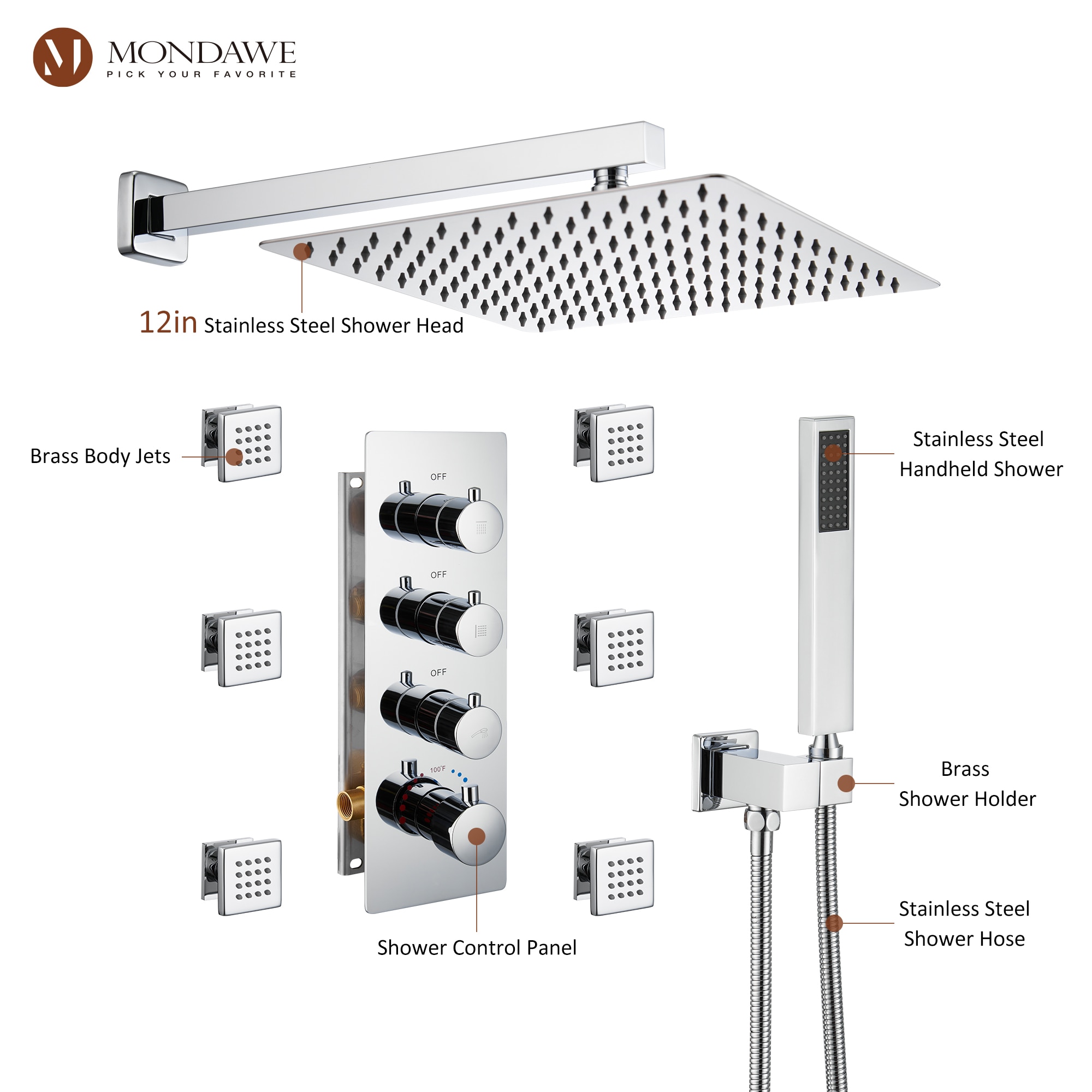 Mondawe WF6310-12CH-WM Showerhead-Bar-Panels - View #4