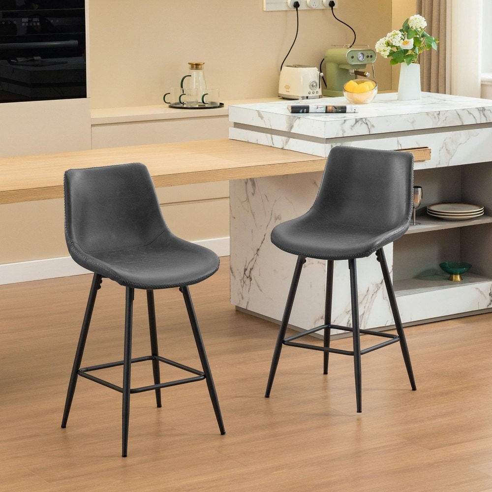 Dowan Bar Stools Set of 2 Ergonomic Bar Stool Synthetic Leather Metal Legs 24Inch Tall Barstools for Kitchen Island Home Bar Gray