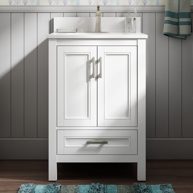 Allen Roth Crest Hill 24 In White Undermount Single Sink Bathroom Vanity With Carrara Engineered Marble Top The Vanities Tops Department At Com - 24 Inch White Bathroom Vanity With Carrara Marble Top
