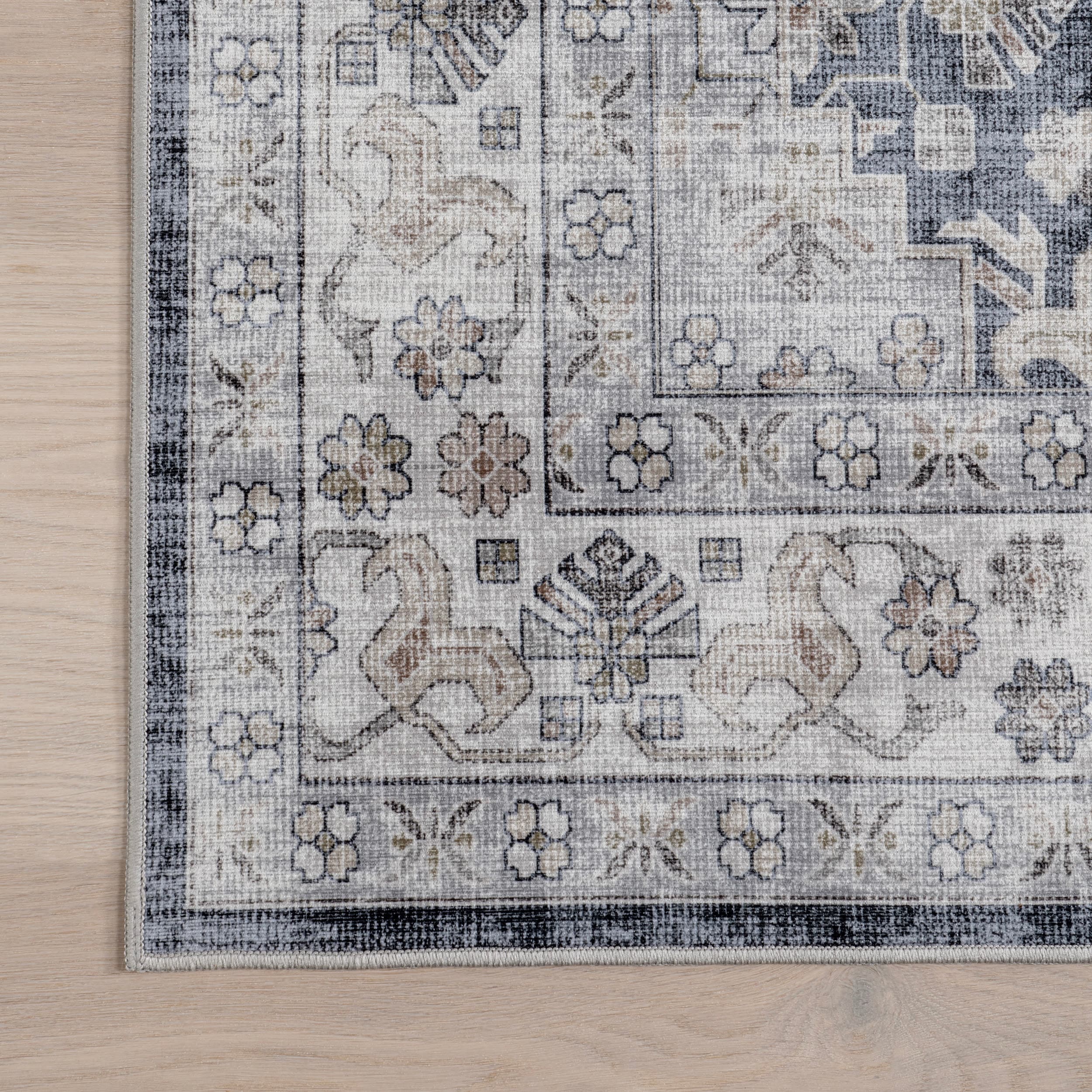 Casey Blue and Gray Synthetic Round Oriental Area Rug, 9' x 12'