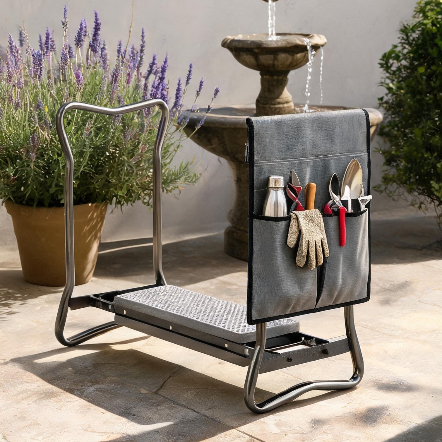 FlowLuxe - Benche with Gray and Black and Storage Folding Design Folding Steel Garden Kneeler