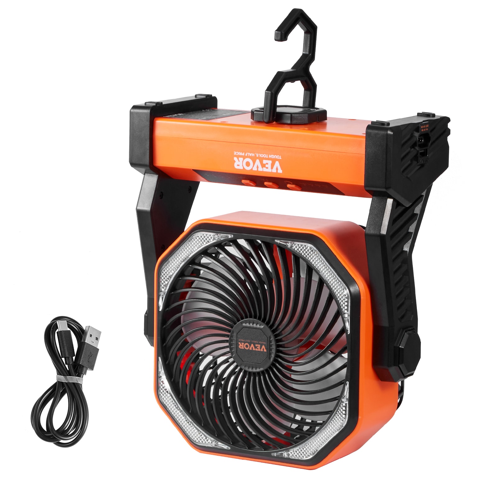 VEVOR 8-Inch Orange Rechargeable Desk Fan with LED Lantern