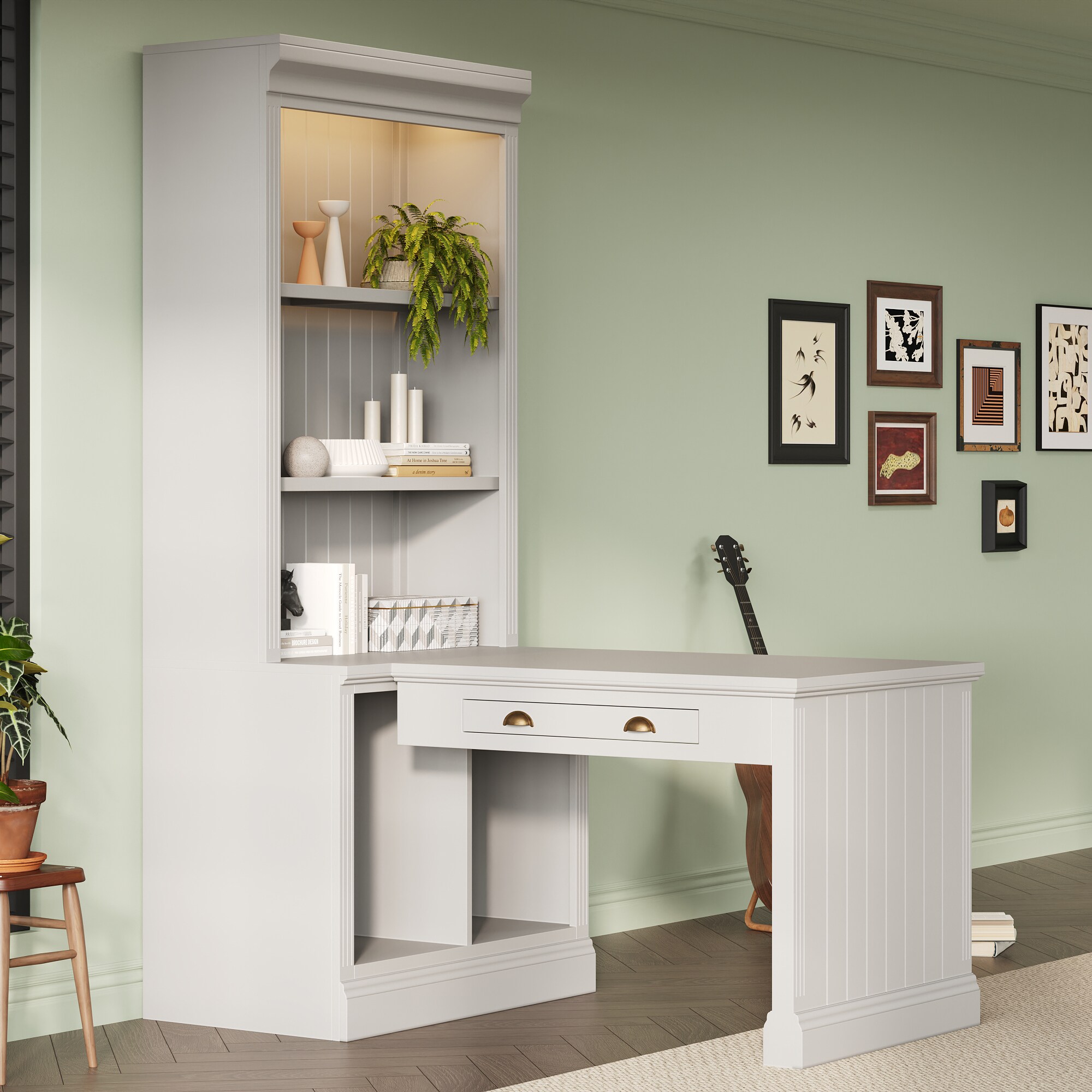 LOVMOR SF-Y-N751S280597K 83.4inTall Bookshelf with Writing Desk Modern Bookcase with Study Desk Workstation with Storage ShelfStorage Bookcase with Open Shelves and LED Lighting for Living RoomHome OfficeWhite