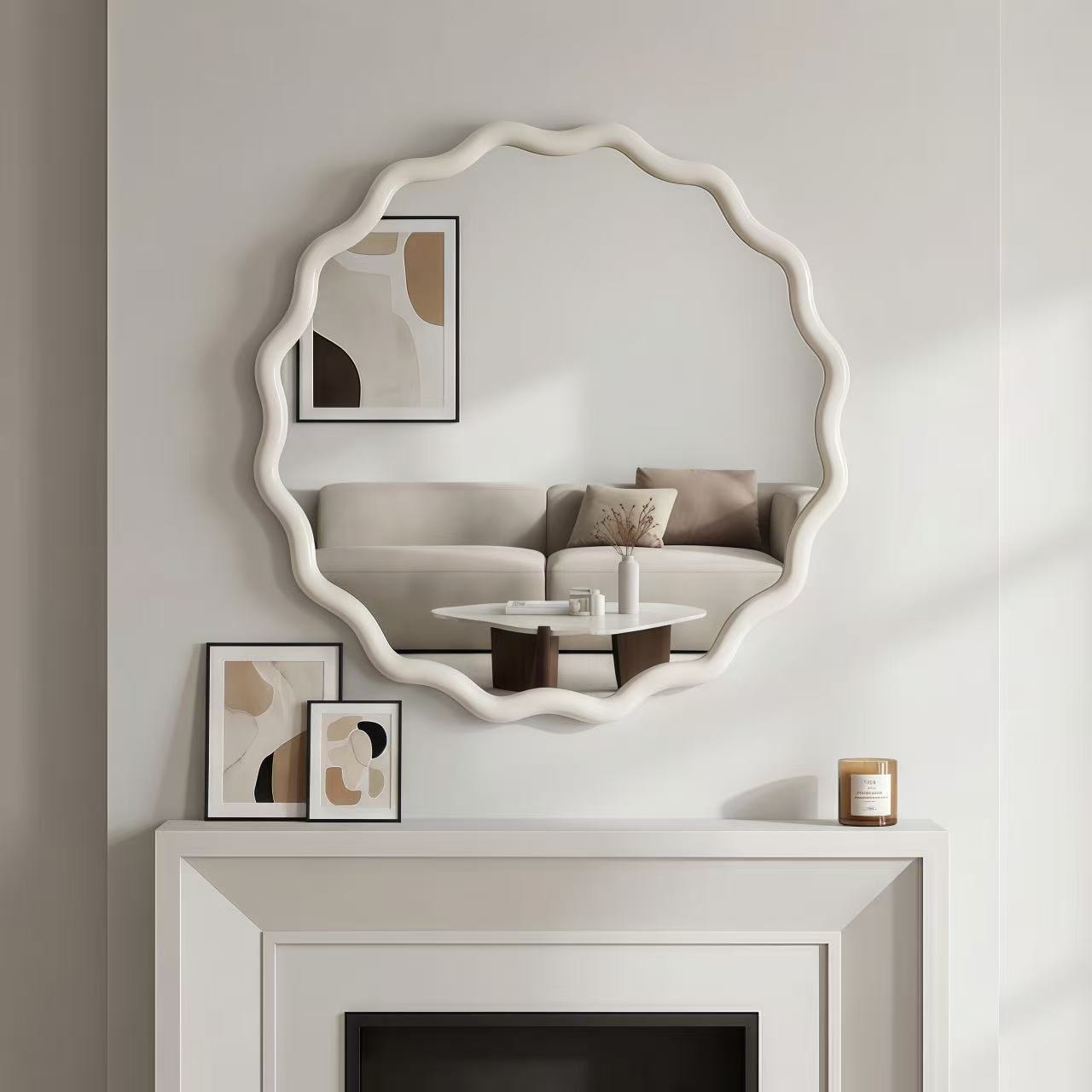 Huluwat White 24 inch Wavy Round Solid Wood Frame Decorative Mirror