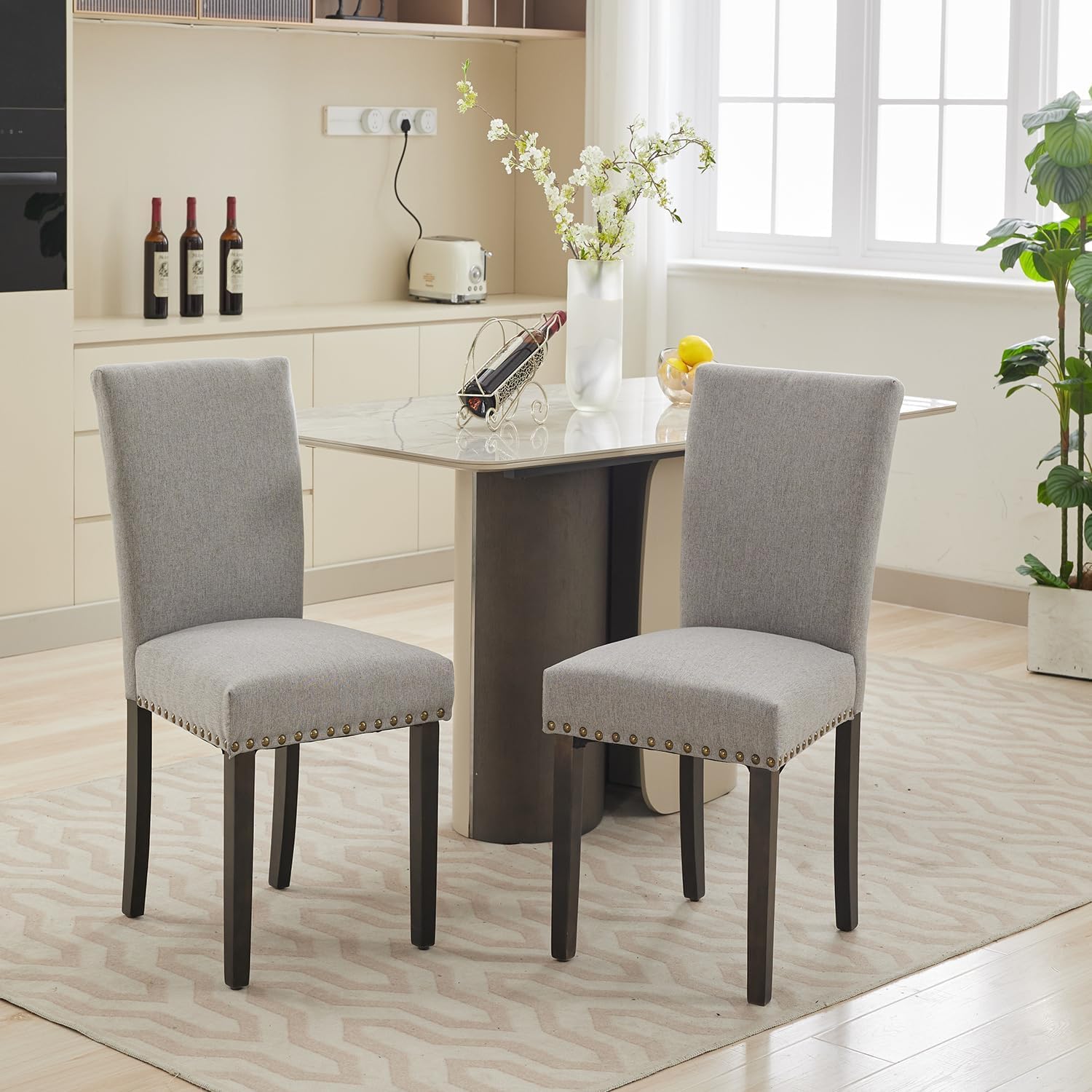 Qeetex PHK-33K33DFU-HNN Set of 2 Light Grey Nailhead Fabric Dining Chairs with Upholstered Seat and Black Solid Wood Legs for Kitchen