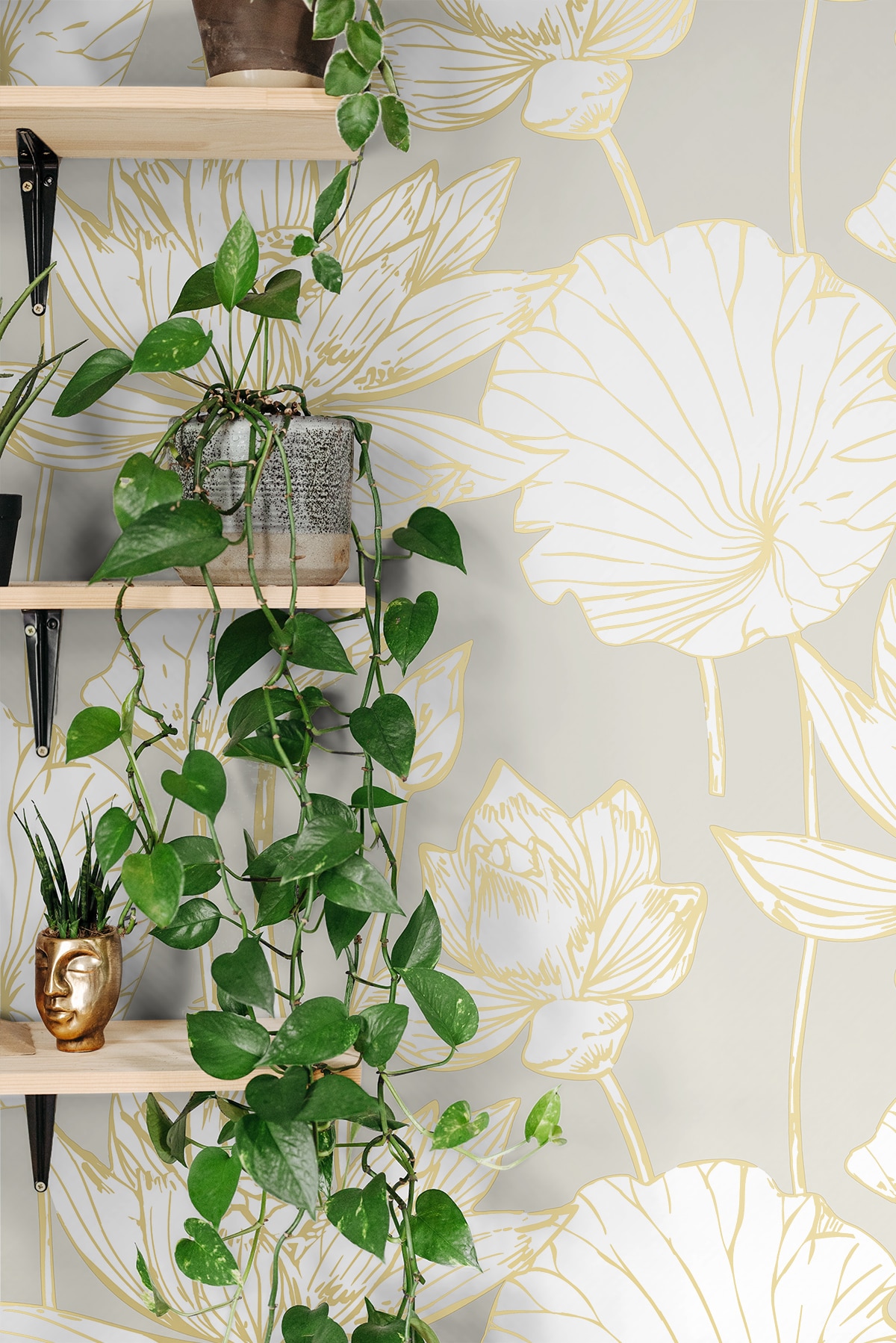 Metallic Gold and Gray Lotus Floral Peel and Stick Wallpaper