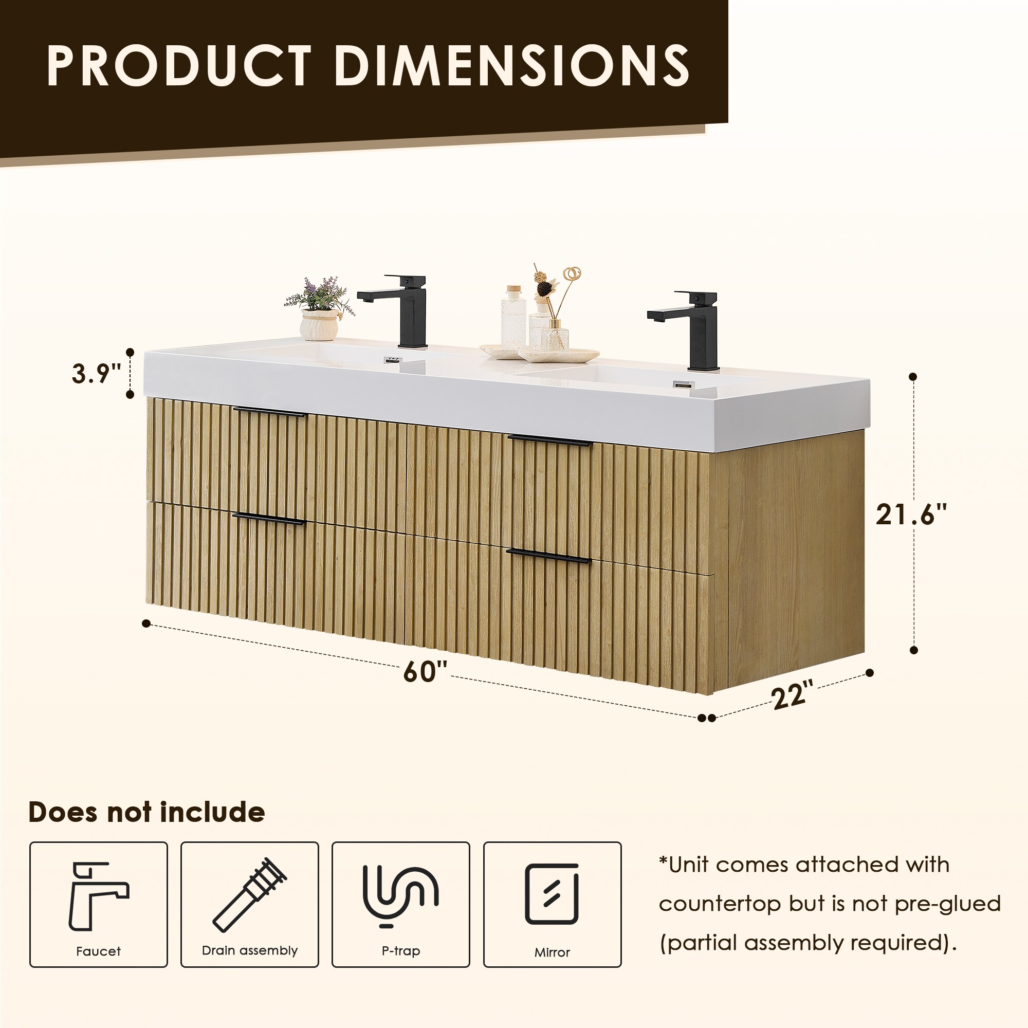 Livia 60" Nature Brown Fir Wood Wall-Mounted Vanity