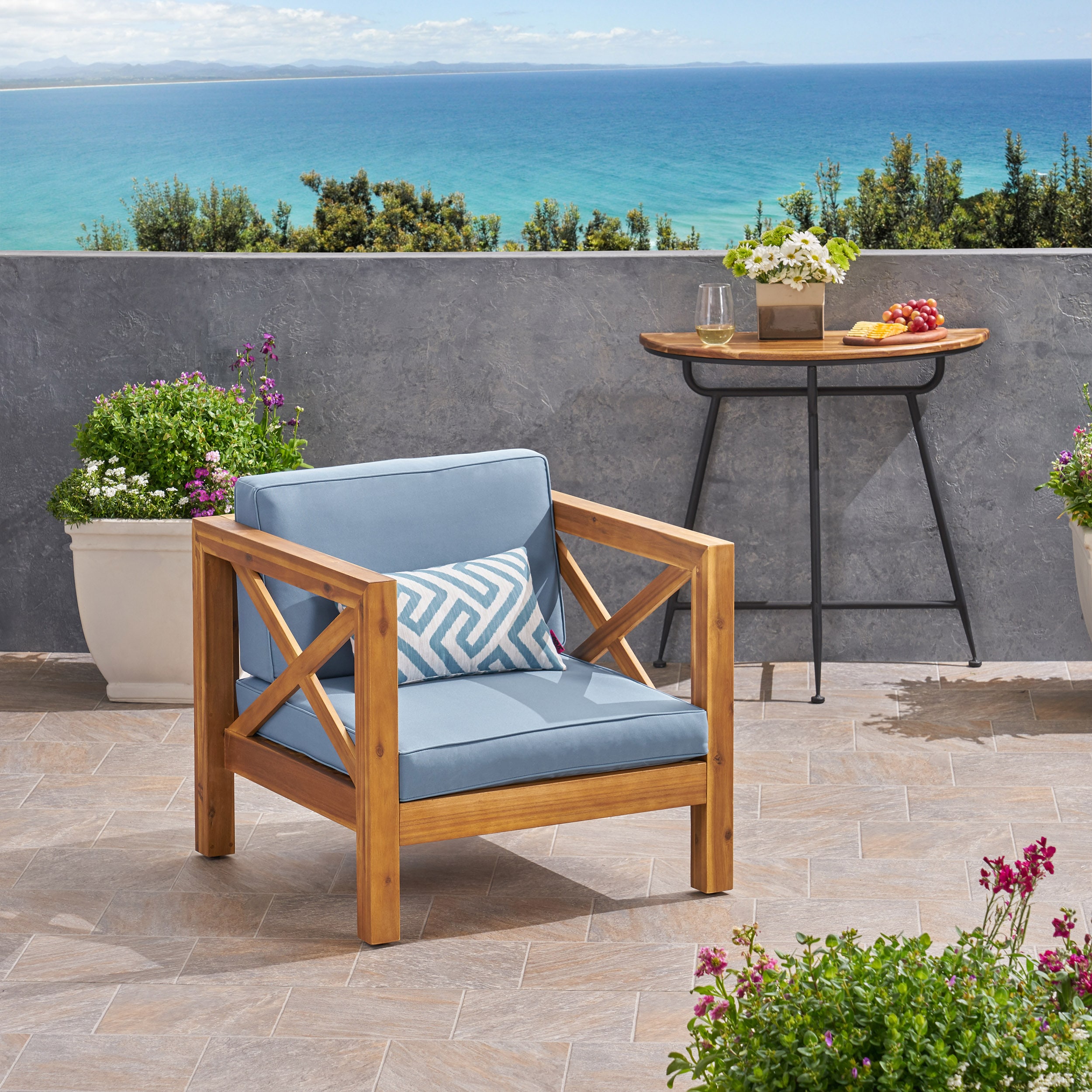 ZAKLOOP WUFG201231AAA Patio Seating Brown Wood Frame Stationary Balcony Chair with Blue Cushioned Seat