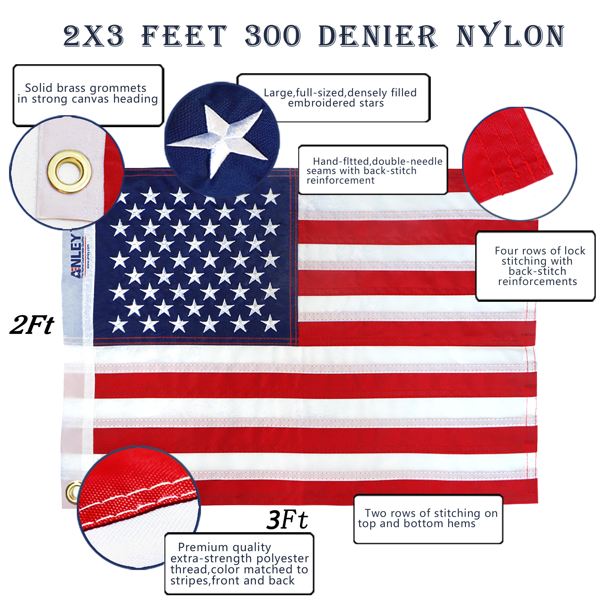 Anley Heavy Duty Nylon USA Flags 2-ft W x 3-ft H American Embroidered ...