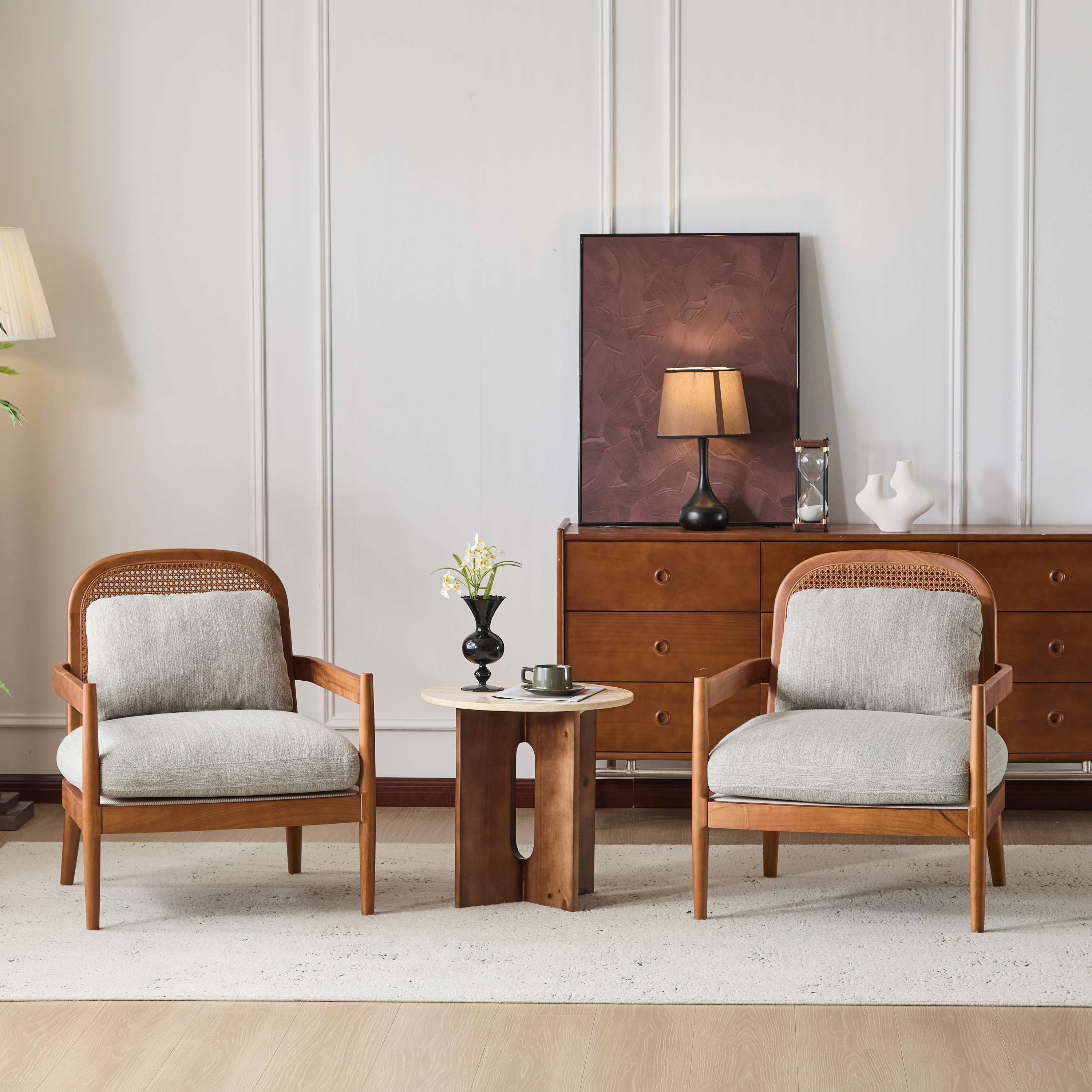 Roomfitters Mid Century Accent Chair with Walnut Wood Frame and Rattan ...