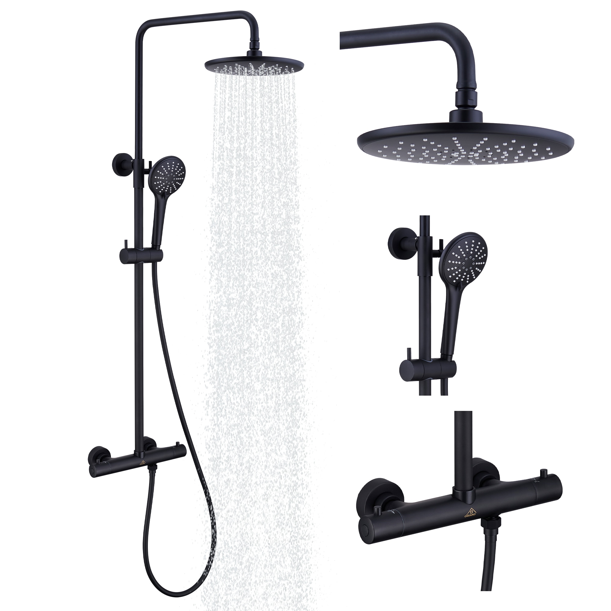 CASAINC CS3523-10MB Matte Black 9-in Shower Faucet Bar System with 2-way Diverter ( Thermostatic Valve Included )