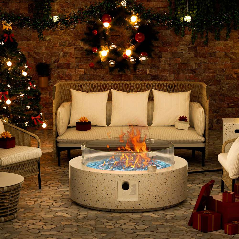 JUJABU 1015PIT-8-1 Beige 41-inch Round Gas Fire Pit with Glass Cover and Gas Tank Outdoor Heating