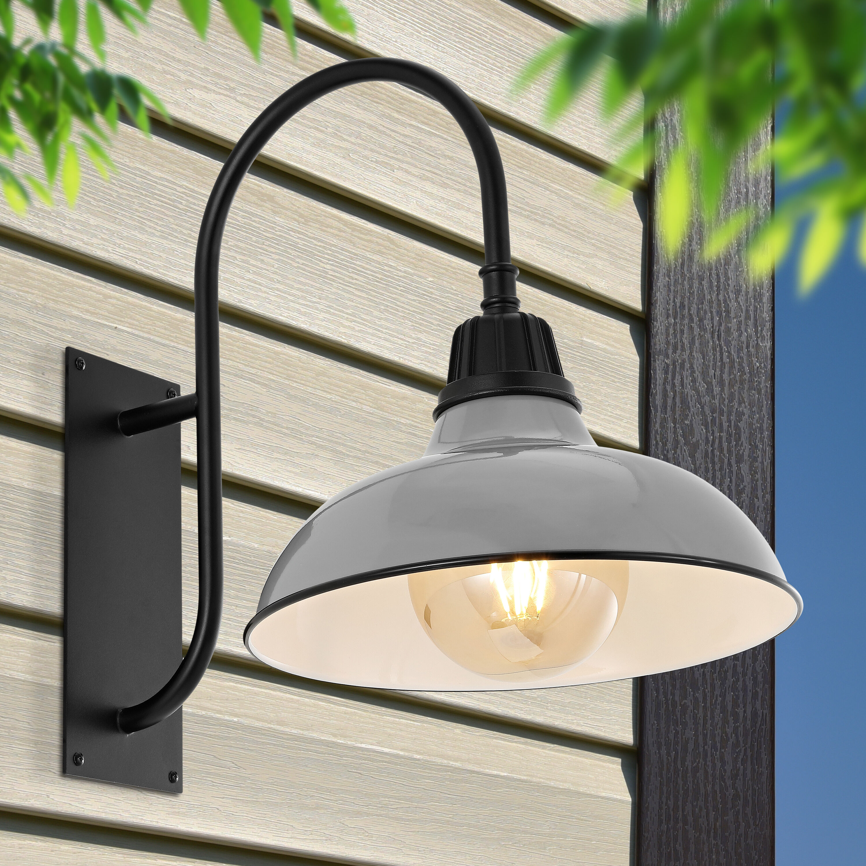 JONATHAN  Y JYL7614D Stanley Farmhouse Industrial Iron Gooseneck Arm 1 -Light 17-in H Polished Gray Hardwired Outdoor Wall Light