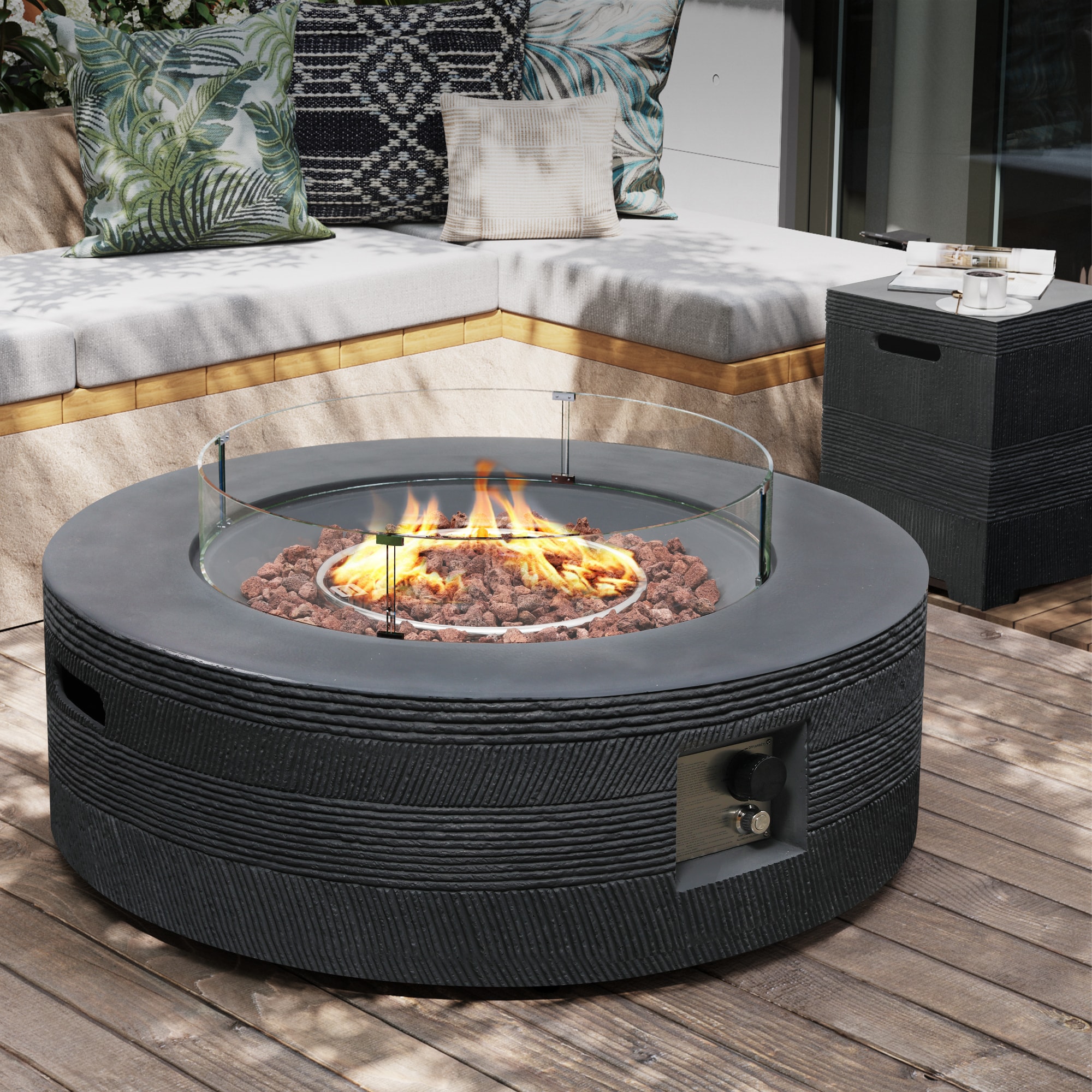 Patio Watcher LS-42MDK-XW-BW 40.94-in W Dark Gray Concrete Round Liquid propane Fire pit table