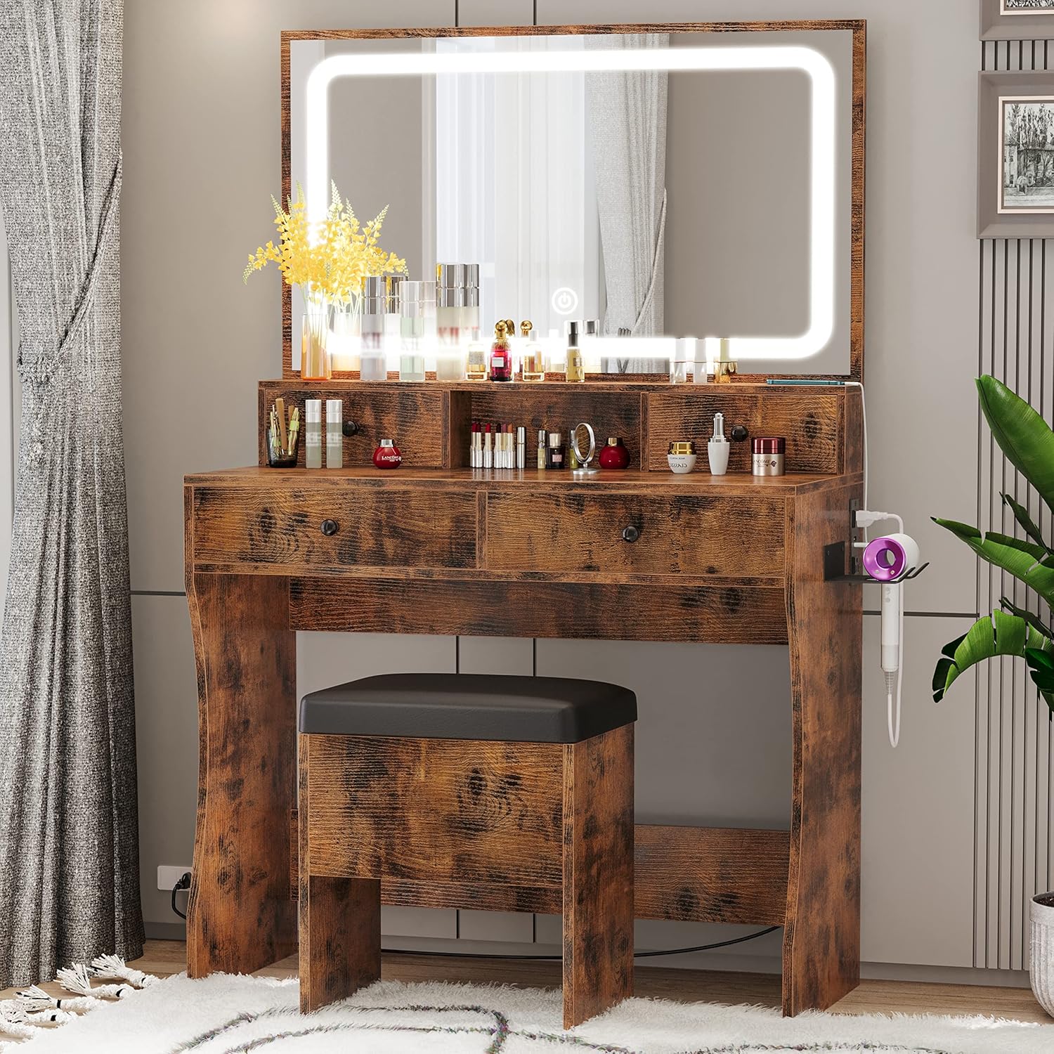Likimio MJUBRLFHEUNNOE8Z 31.5-in W Vintage Brown Vanity Table Set with LED Lighted Mirror and Power Outlet and 4 Drawers