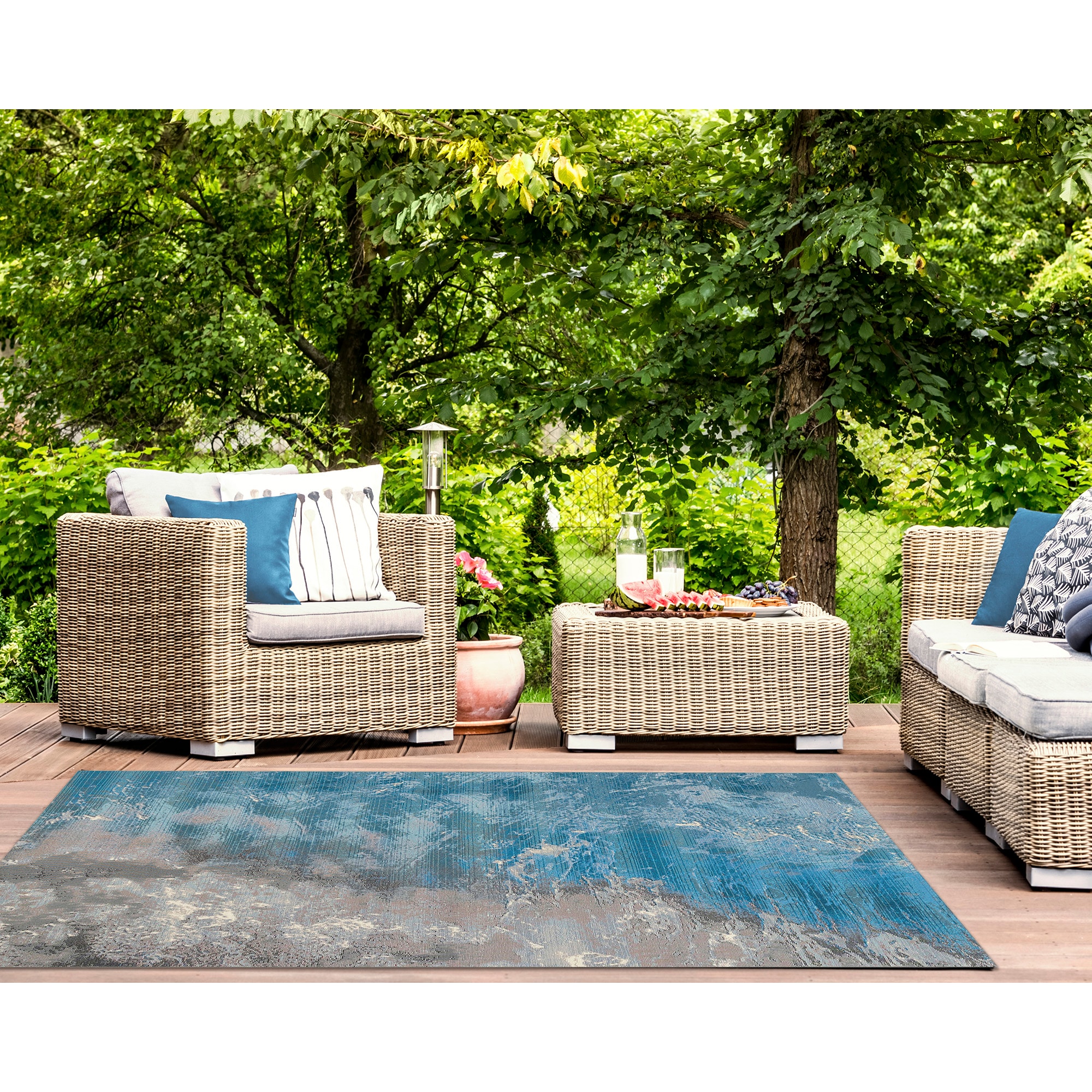Gray and Blue Abstract Synthetic Rectangular Rug