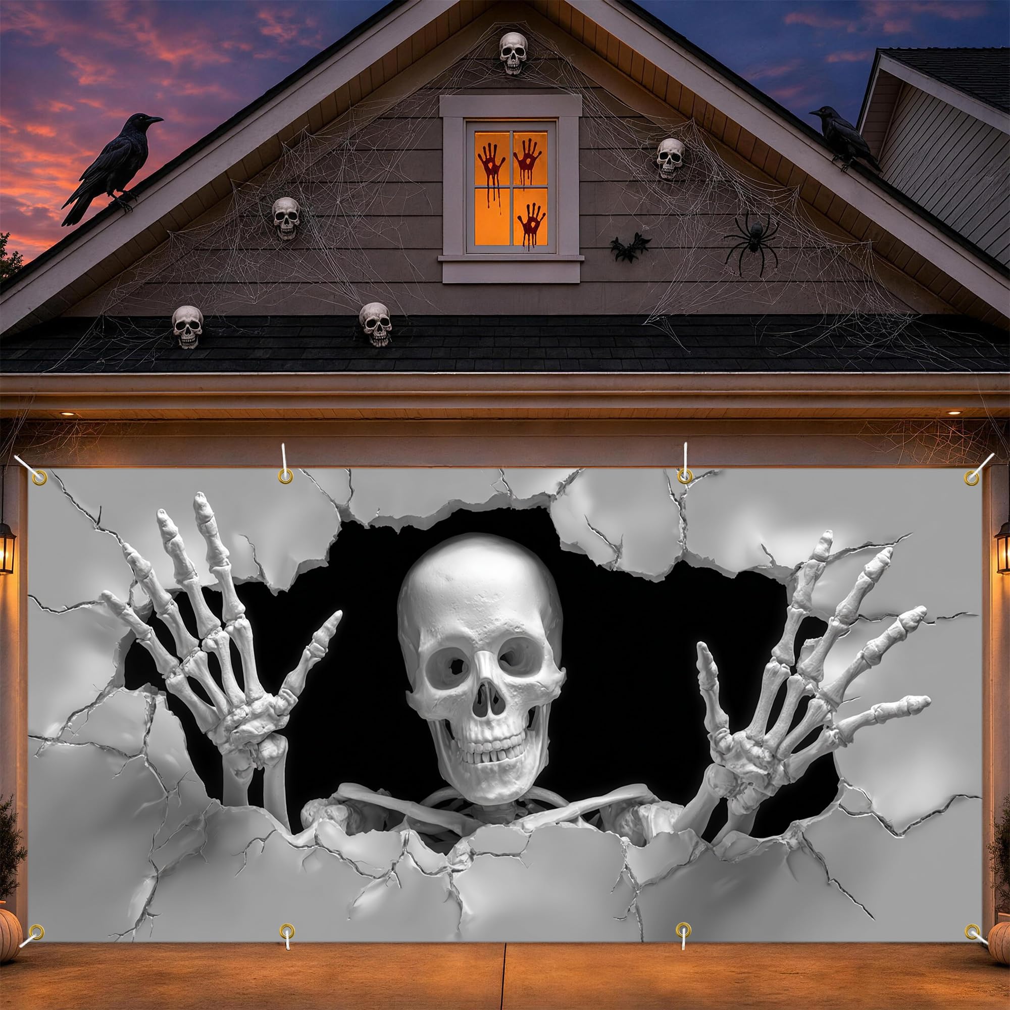 Phyfalip  Skeleton Garage Door Cover Large 157.48 by 70.87 Inch 3D Cracked Wall Design Halloween Outdoor Decoration for Yard Home