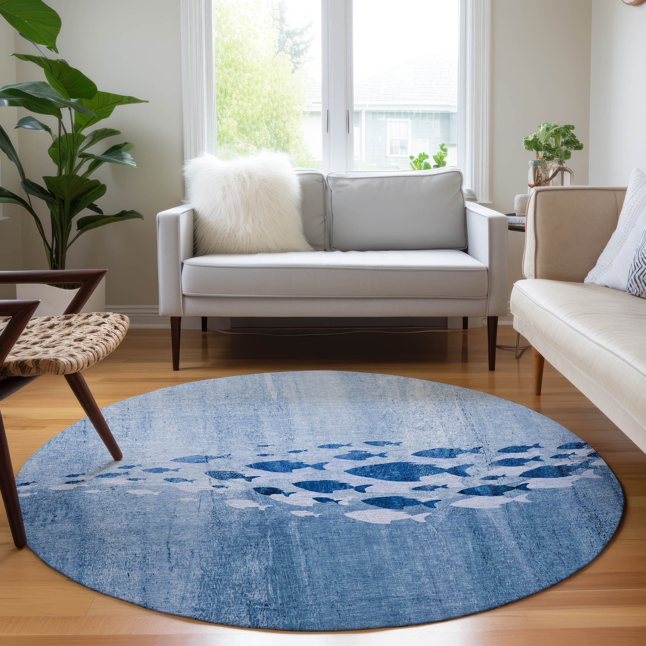 Addison Rugs ACN627BU8RO Chantille ACN627BU 8 x 8 (ft) Polyester Blue Round Indoor/Outdoor Geometric Machine washable Area rug