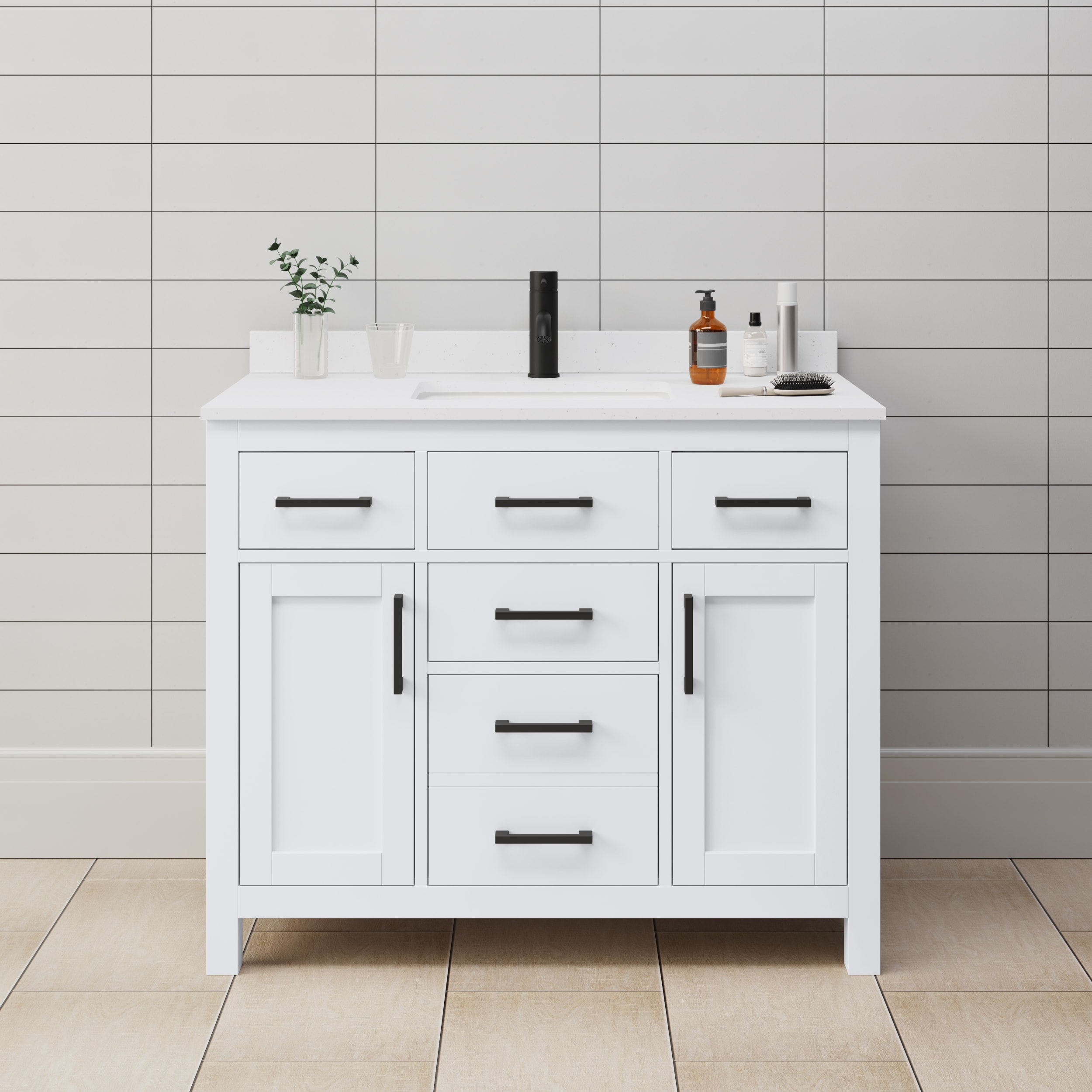 Wyndham Collection WCG242442SWBWCUNSMXX Beckett 42-in White with Matte Black Trim Undermount Single sink Bathroom Vanity with White Cultured Marble Cultured marble Top
