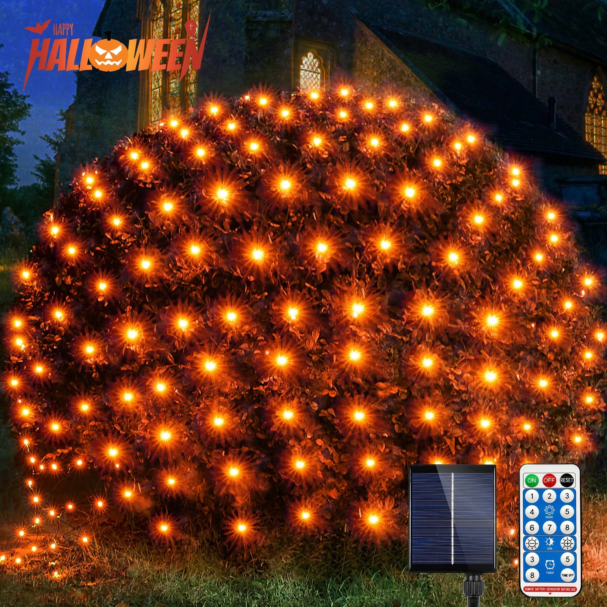 Vrbgify  Solar Halloween Net Lights Outdoor 200LED Orange Mesh Lights with Remote 8 Modes Timer IP65 Waterproof for Lawn Bushes Trees Decorations