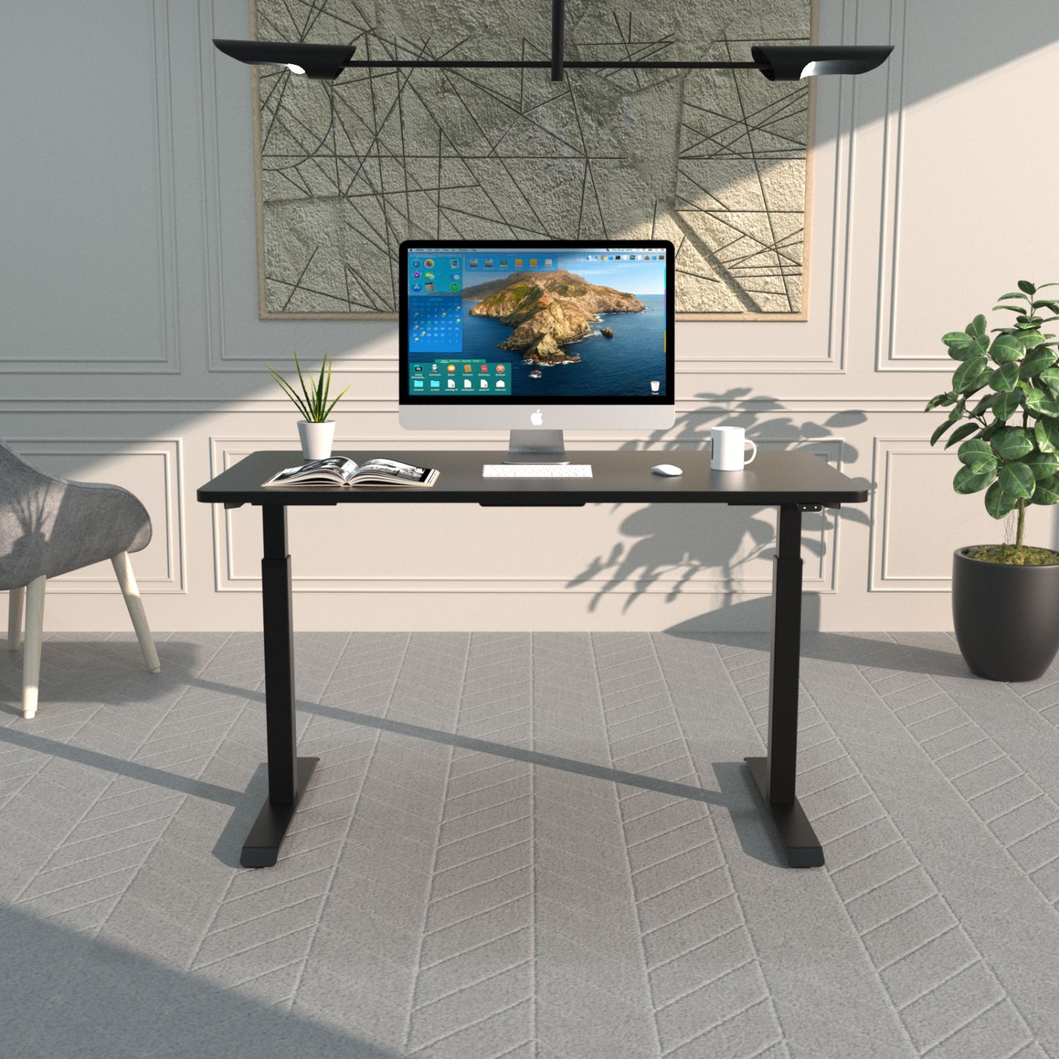 JASMODER W1411S00001 Electric Stand Up Desk - Ergear Height Adjustable Table Legs Sit Stand Desk Frame Up To Ergonomic Standing Desk Base Workstation Frame+Desktop(Black)