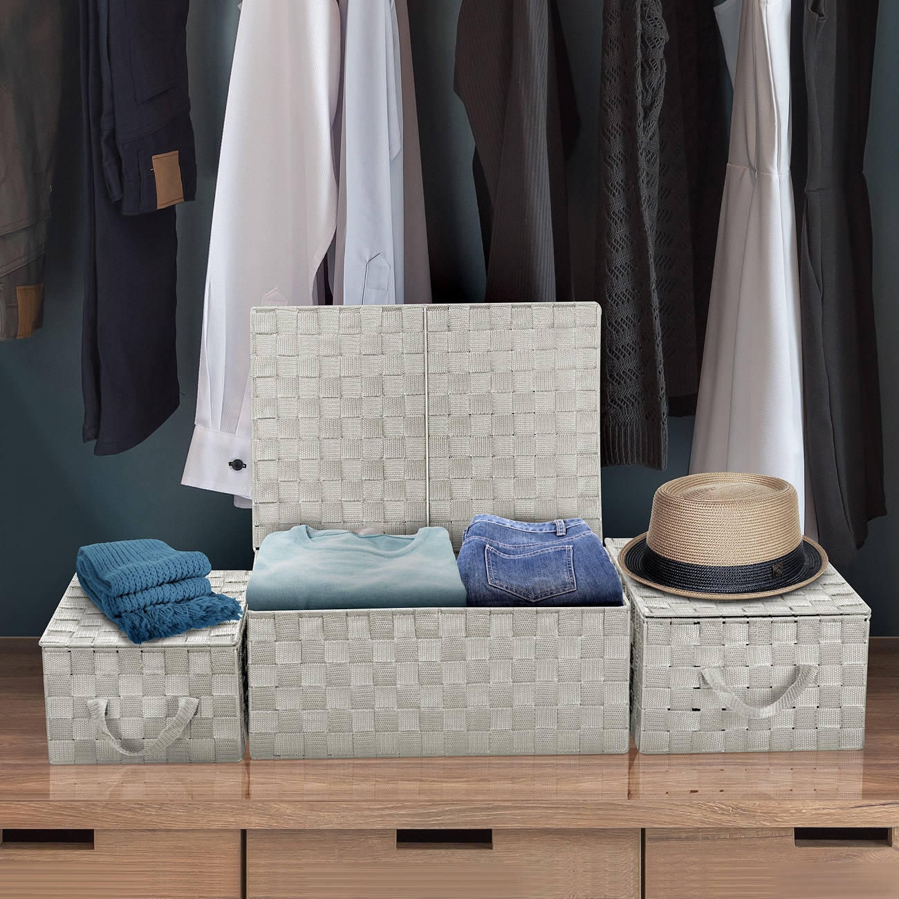 Beige Woven Fabric Storage Basket Set with Lids
