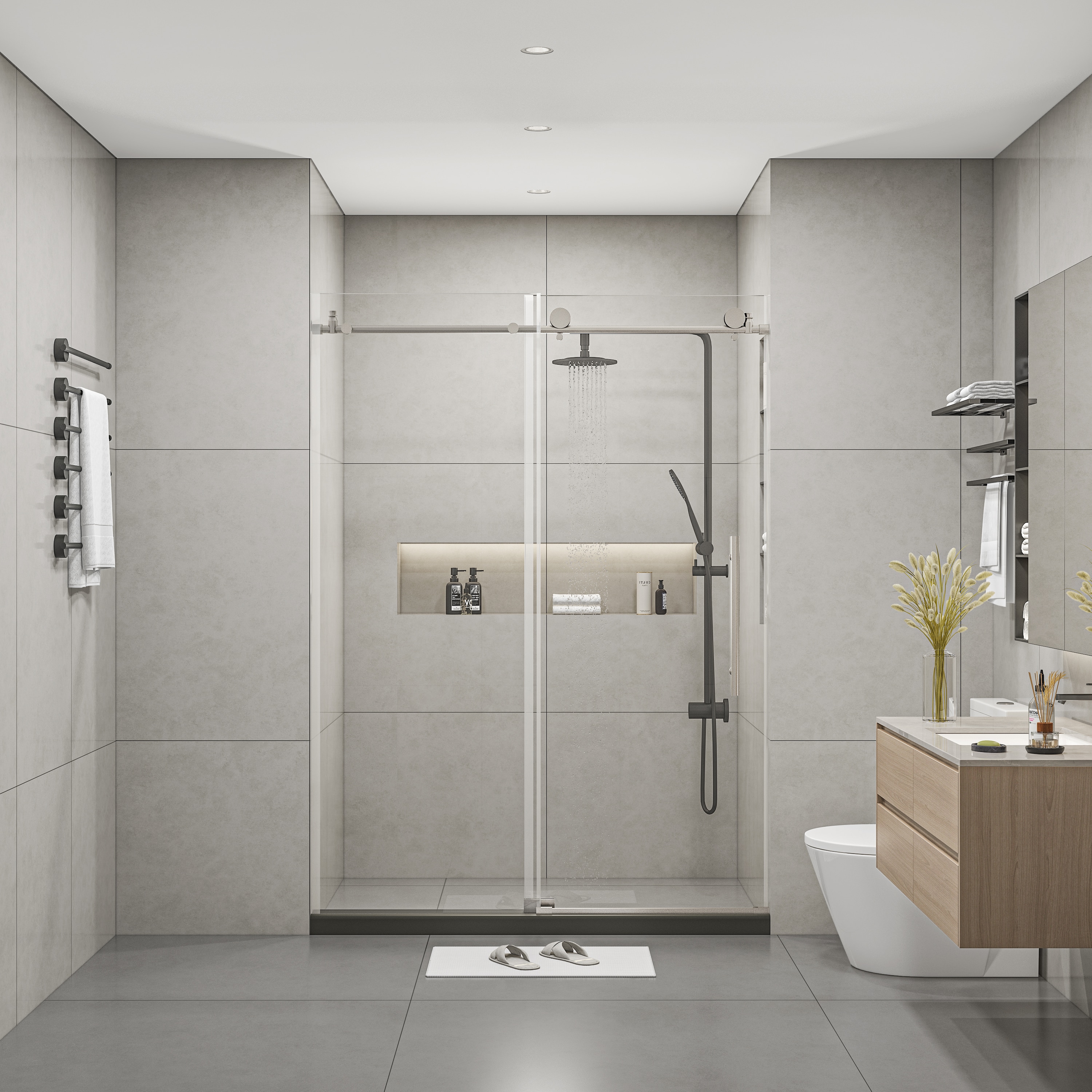 WELLFOR GTLSBWH04 Single Sliding Door Brushed Nickel 60-in W x 76-in H Frameless Clear Glass Bypass Sliding Shower door