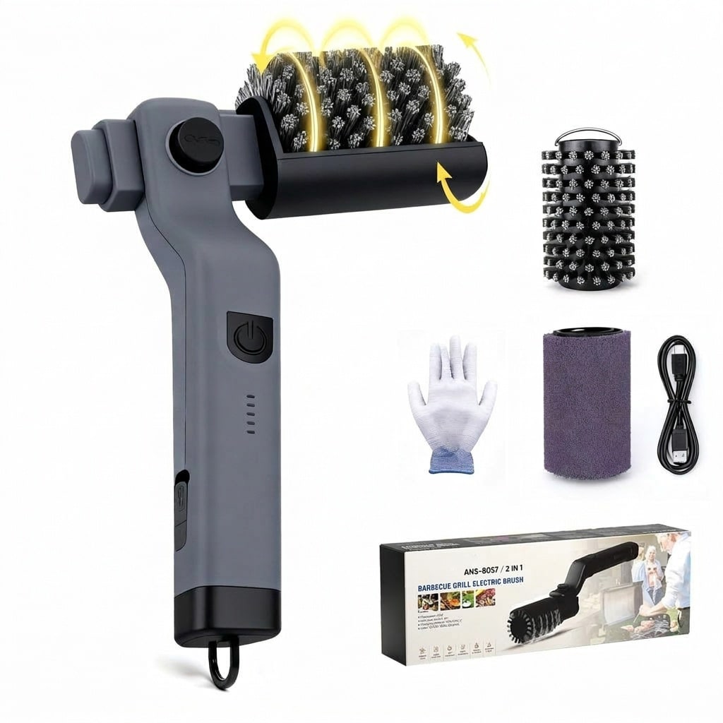 Anqtovp  Cordless Electric Grill Brush 3 Speed Adjustable Head Stainless Steel and Polishing Brush 2 Piece Set Waterproof for BBQ Grates Griddles
