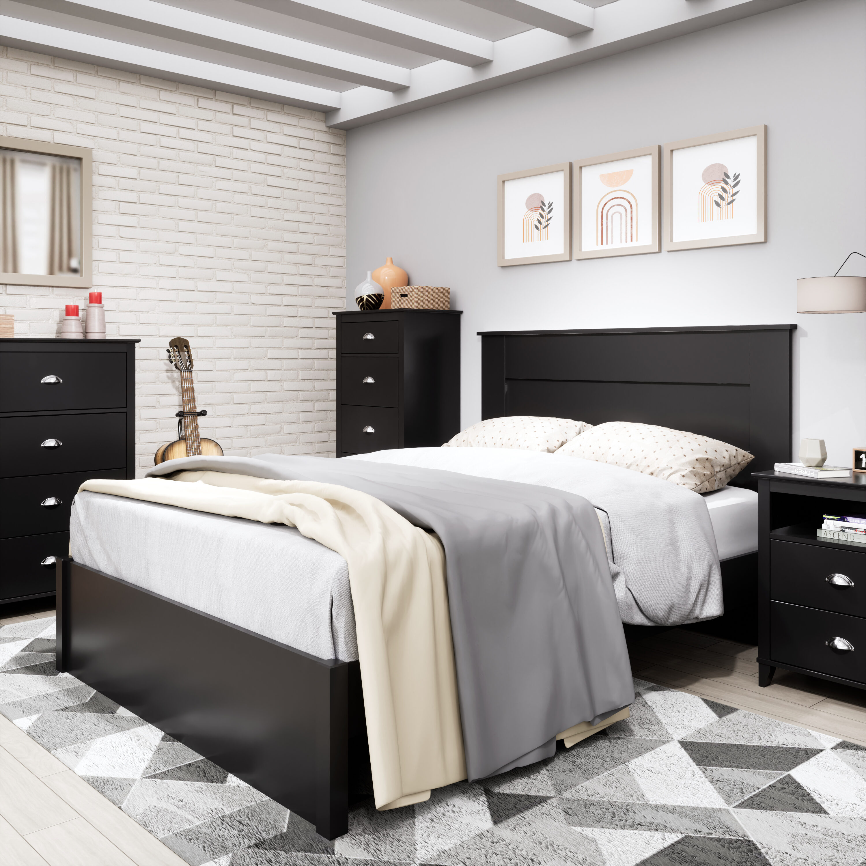 Deep Black Queen Platform Bed with Storage Drawers