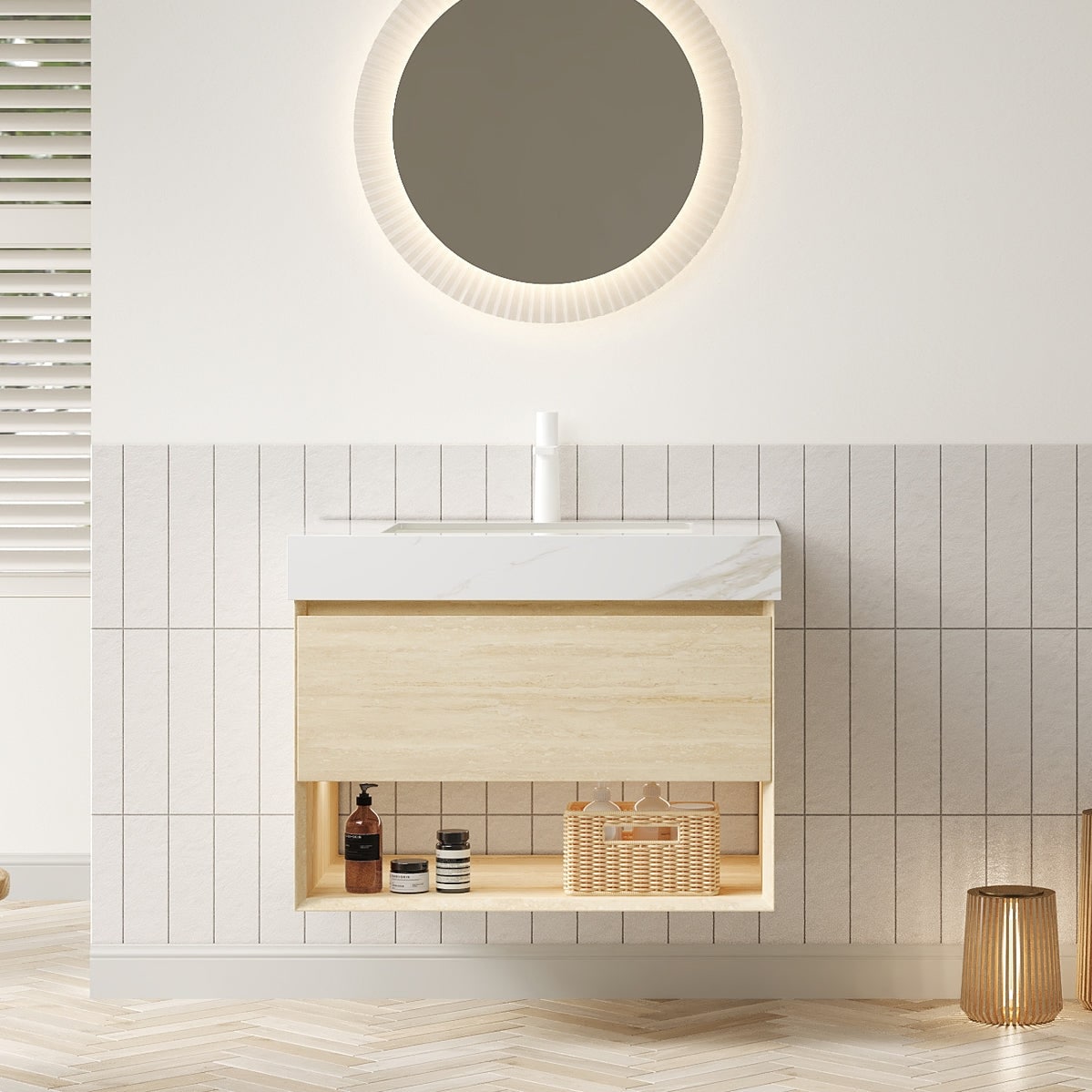 Boyel Living BL-W3377-00293 30 Bathroom Vanity with Sink Floating Plywood Cabinet Drawer Shelf Sensor Light Ceramic Undermount Basin Calacatta Gold Sintered Stone Travertine Finish