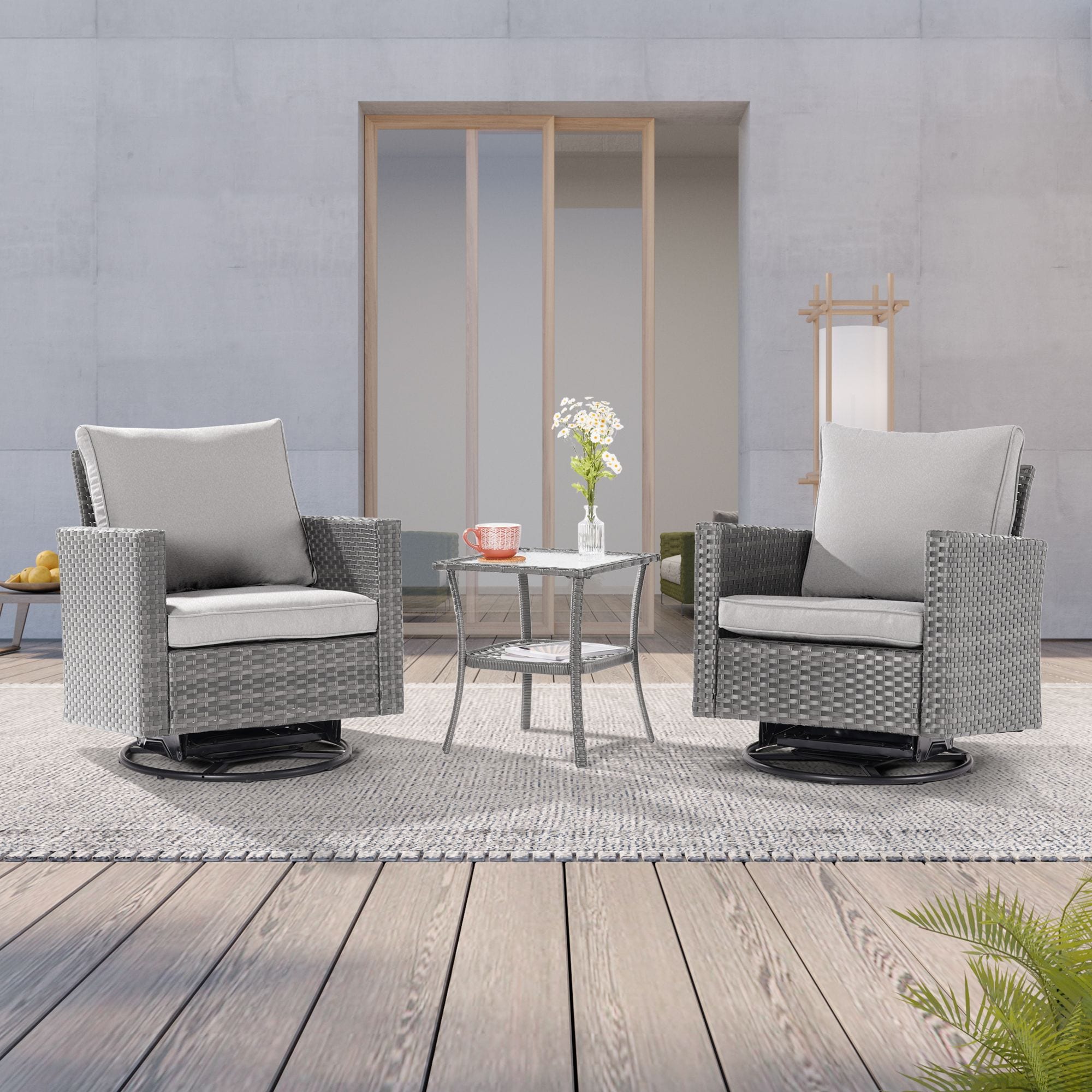 Sonkuki SD-2RCHLYTB2 Swivel Rocking Chair 3-Piece Rattan Patio Conversation Set with Gray Cushions