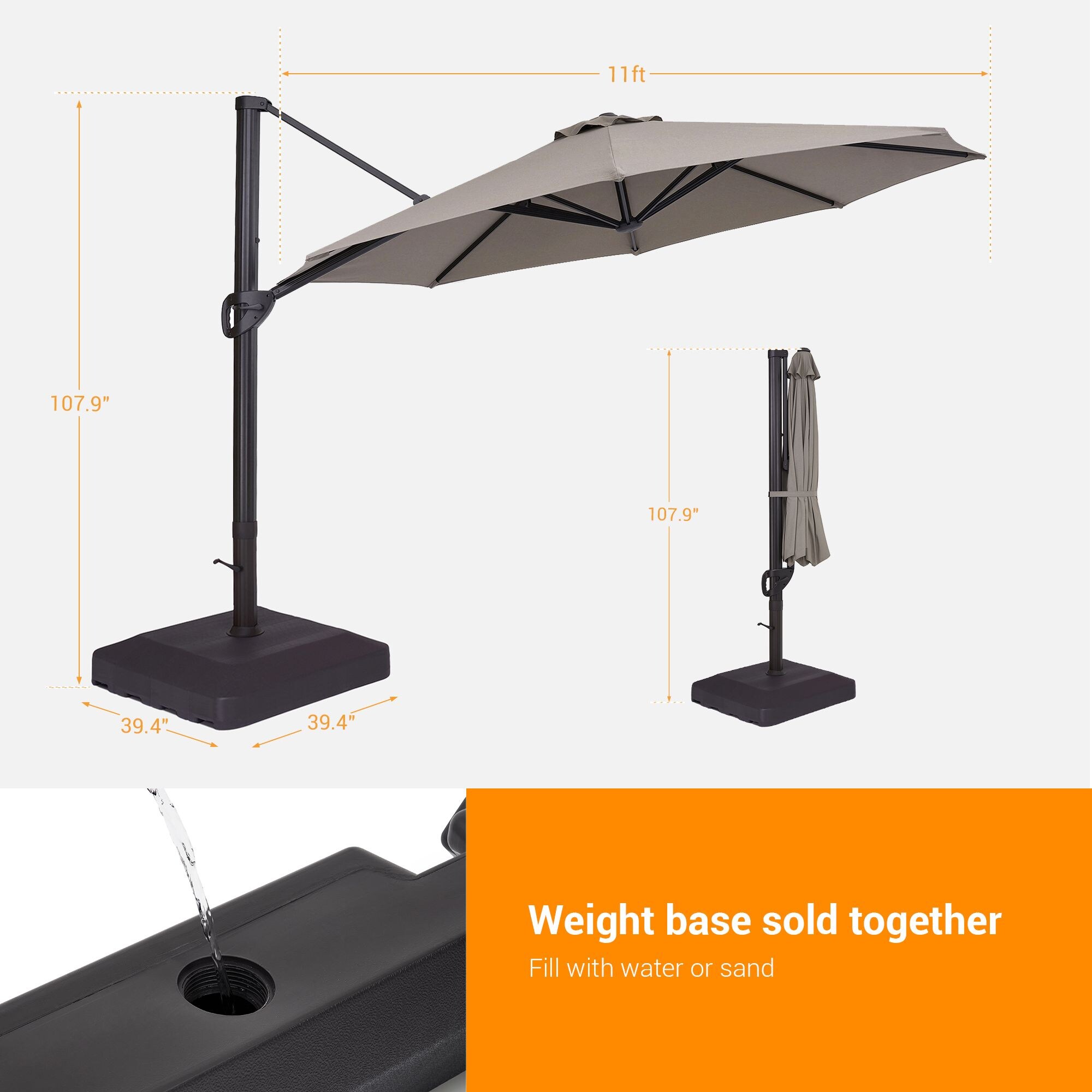 Sonkuki 11-ft Aluminum Gray No-tilt Cantilever Patio Umbrella With Base ...