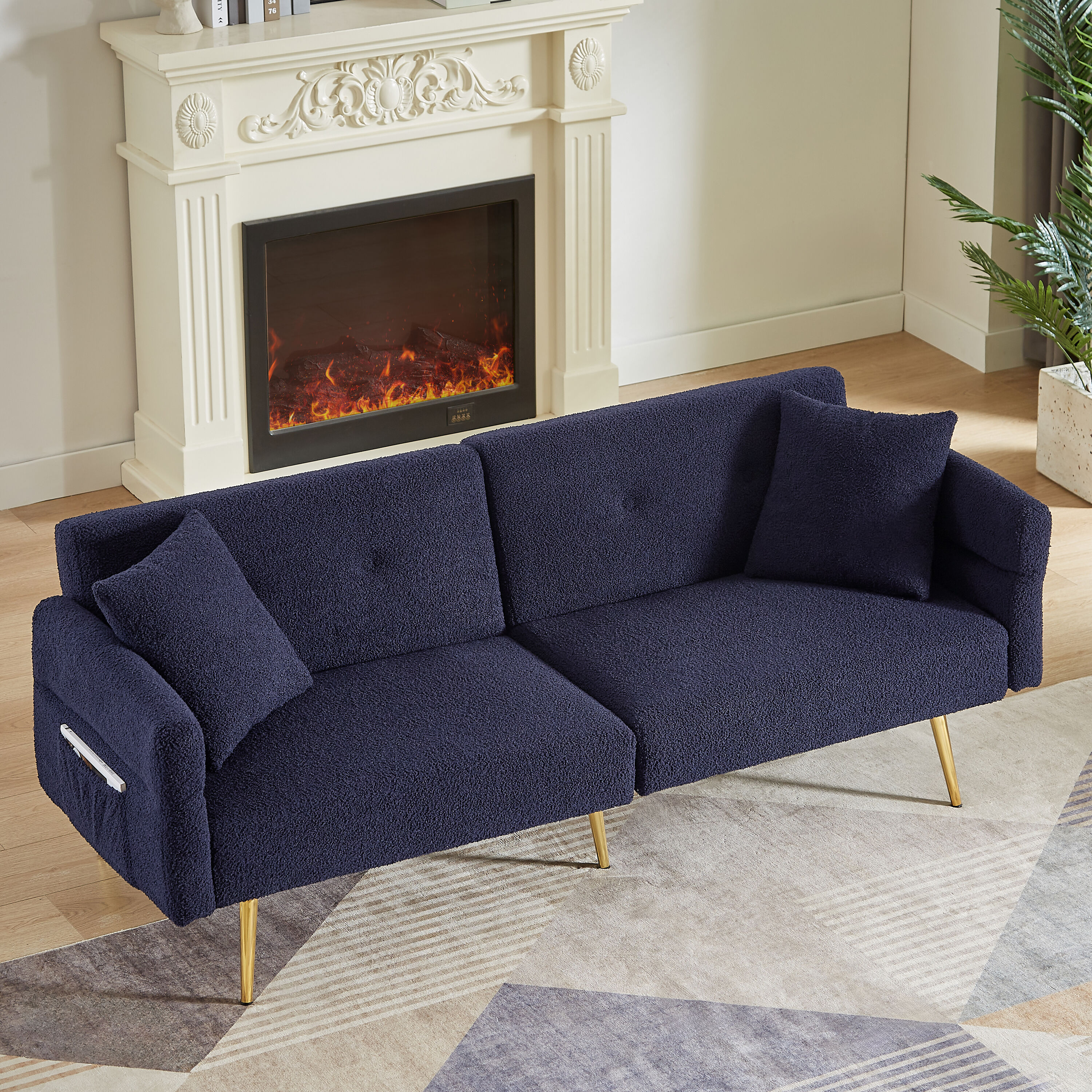 Clihome - Upholstered Accent Loveseat Sofa With Side Pocket 79.4-in W Modern Dark Blue 2-seater R...