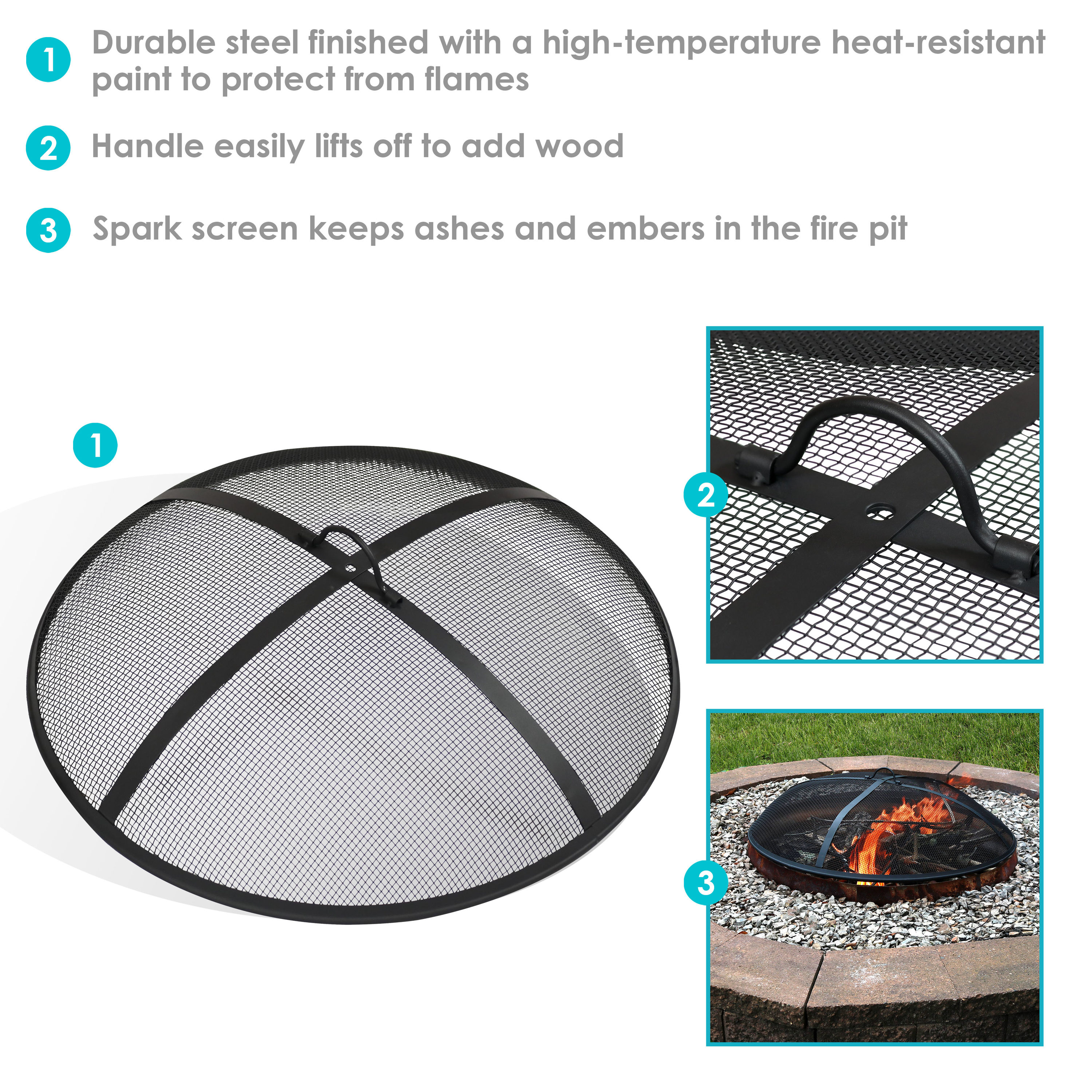 Durable Black Metal Mesh Design 40-Inch Diameter Outdoor Heavy-Duty Round Fire Screen with Ring Handle Patio Fire Pit Accessory Sunnydaze Reinforced Steel Mesh Spark Screen 
