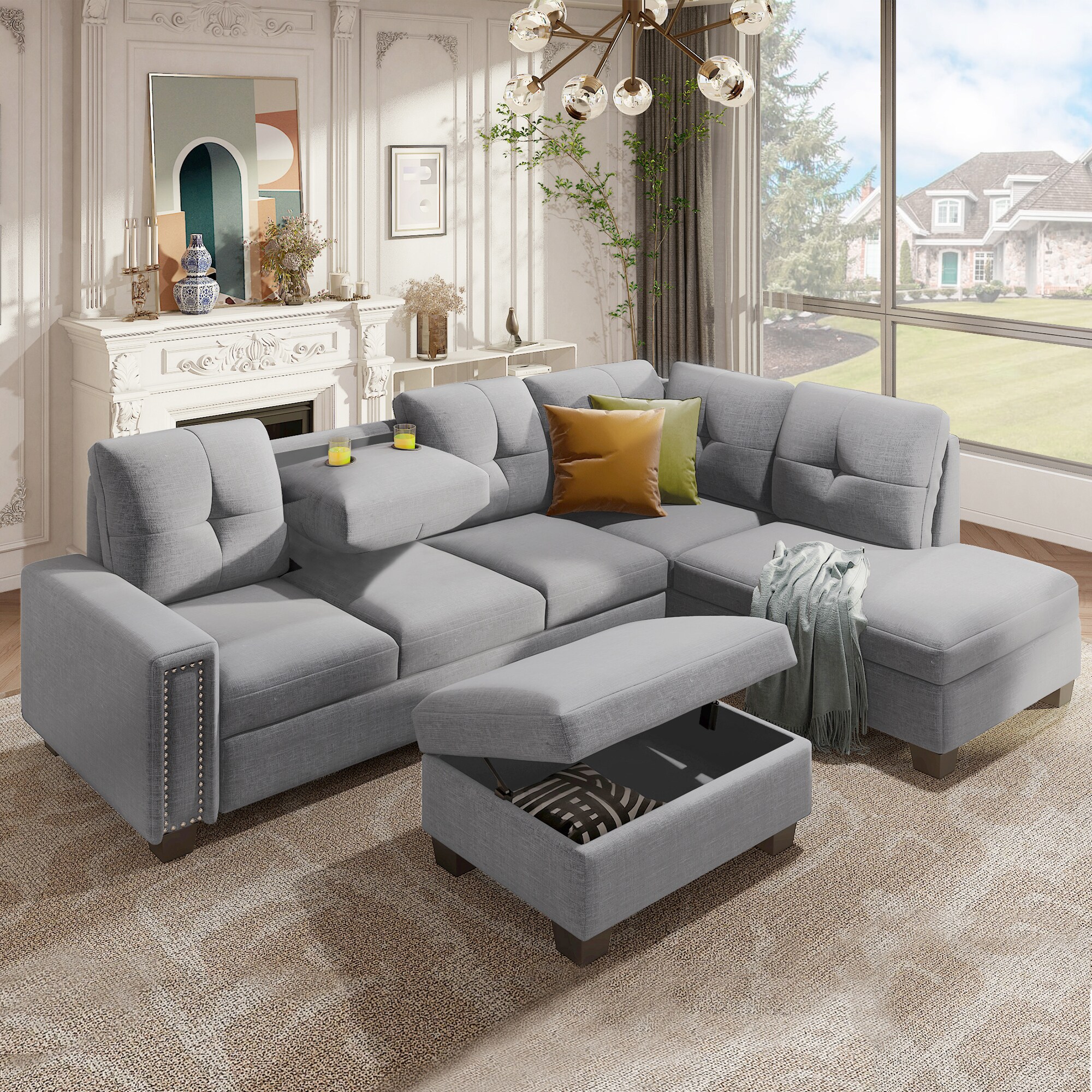 Clihome L-shape Sectional Sofa 108.1-in Modern Light Grey Linen 6 ...