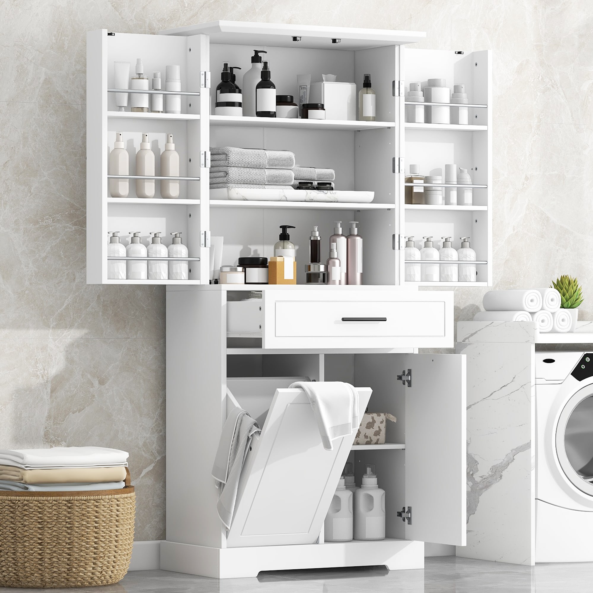 ModernLuxe L3P-N725P262025K Freestanding Bathroom Storage Cabinet with Doors  Drawers TiltOut Laundry Hamper Adjustable Shelf Multiple Storage Spaces White