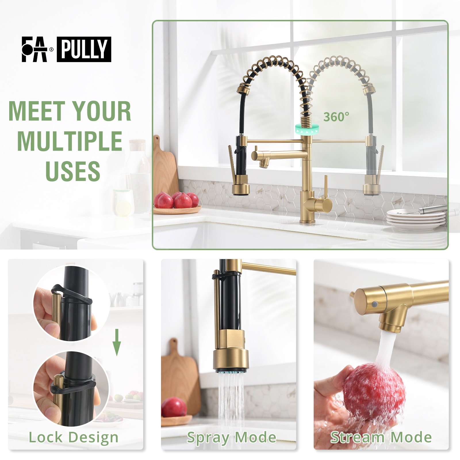 Brushed Gold High Arc Pull-Down Kitchen Faucet with LED Light