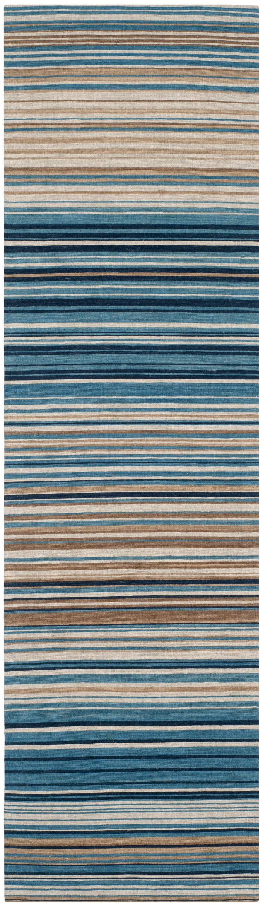 Handmade Blue and Beige Wool Flat Woven Stripe Runner Rug