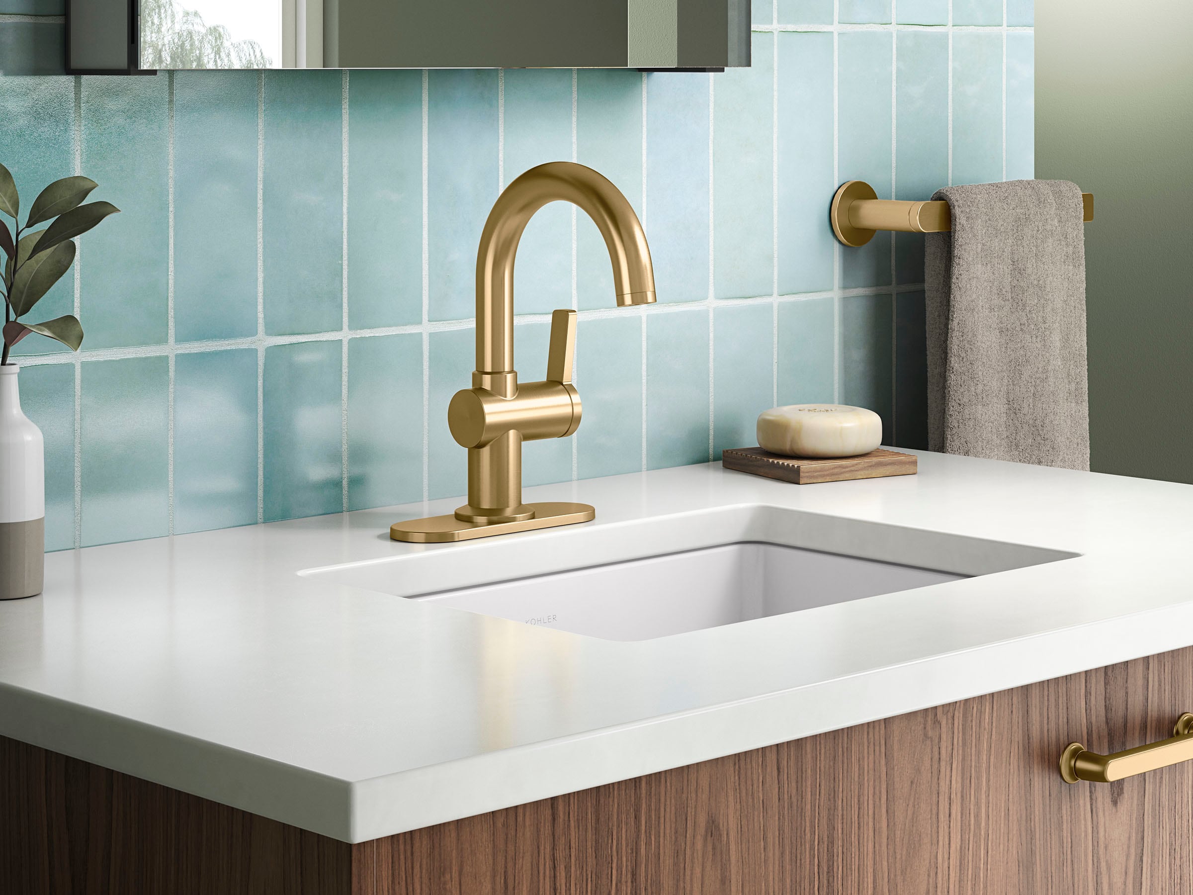 KOHLER REC28731-4D-2MB Premise Vibrant Brushed Moderne Brass Single hole 1-handle WaterSense High-arc Residential Handle Bathroom Sink Faucet with Drain with Deck Plate