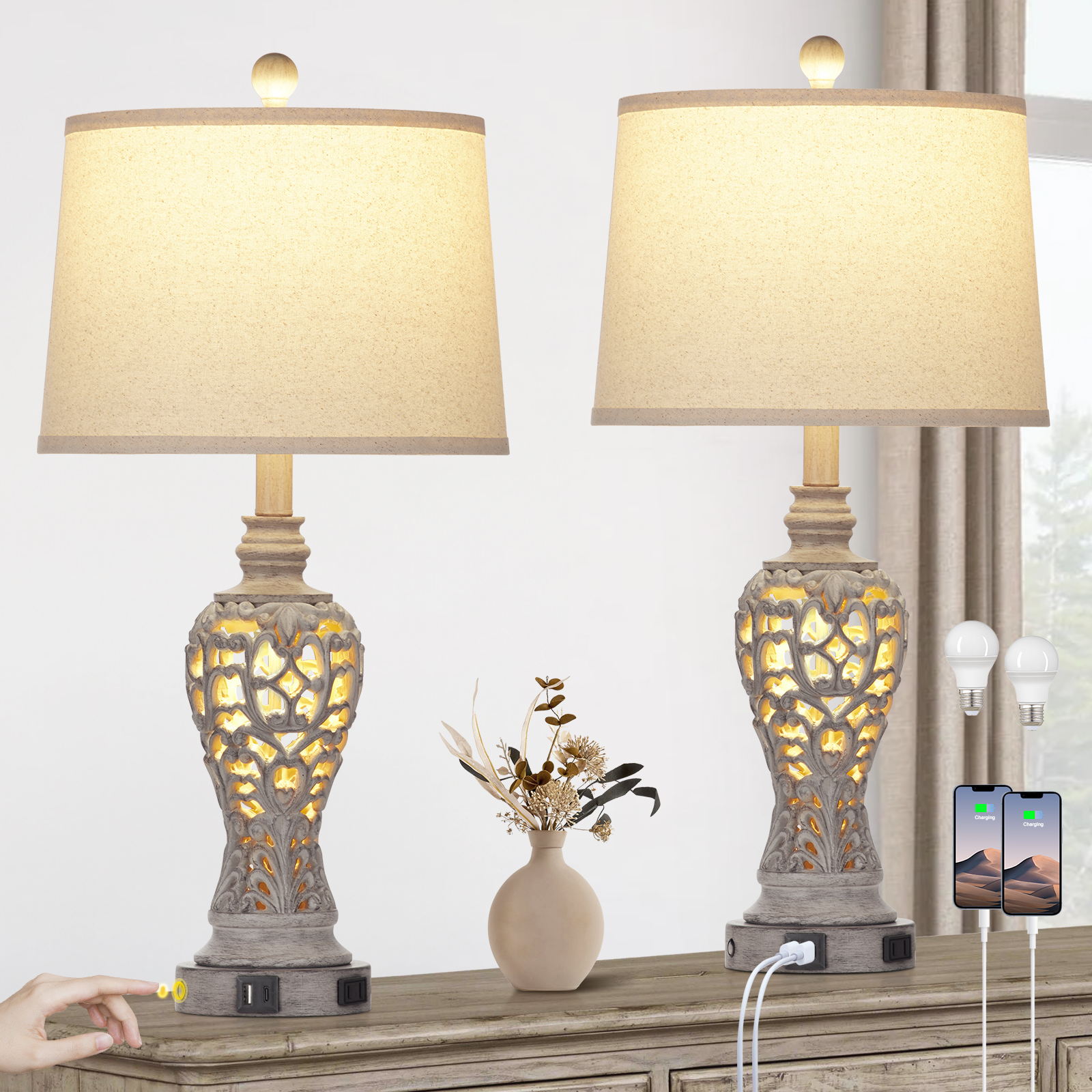 UrFurnishings TD-366 Achsah 25.2-in Distressed Grey LED Rotary socket Table Lamp with Linen Shade 2 -Set